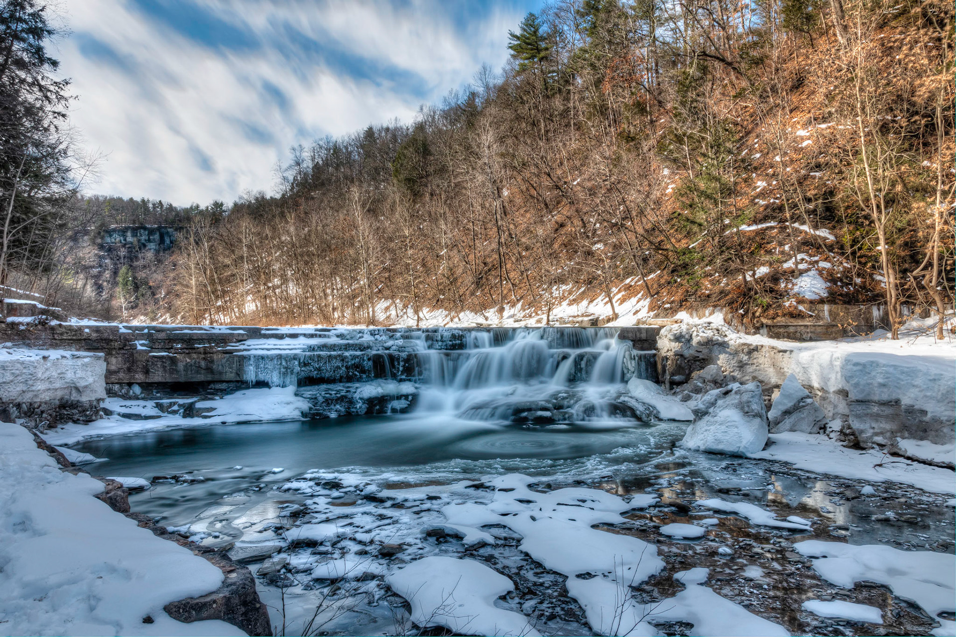 HDR Long Exposure of a small cascade near the entrance of Taughannock Falls State Park in the Winter