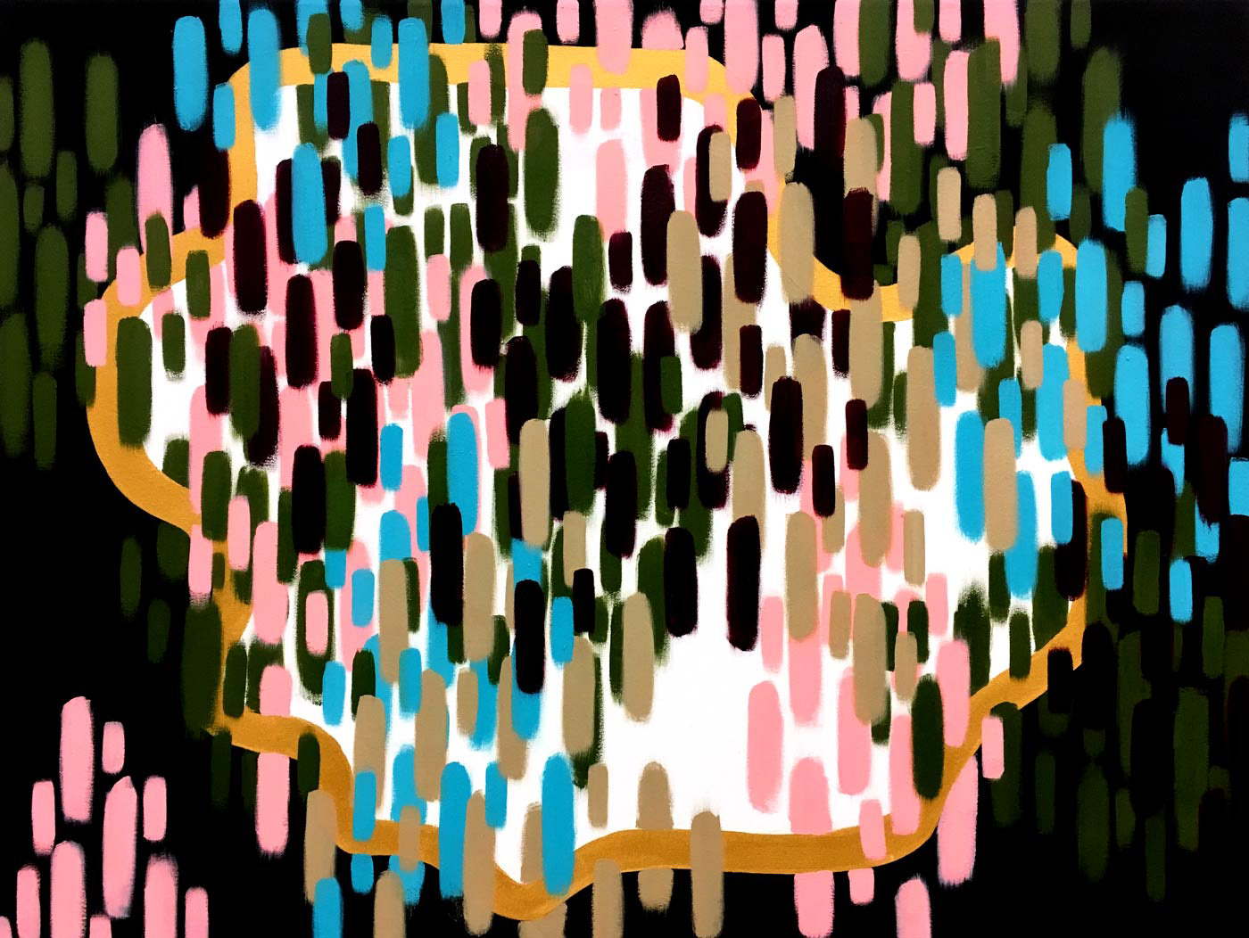 An abstract oil painting of vertical brushstrokes in a variety of colors (turquoise blue, blush pink, olive green, beige, dark maroon) on a black, white, and gold background. 