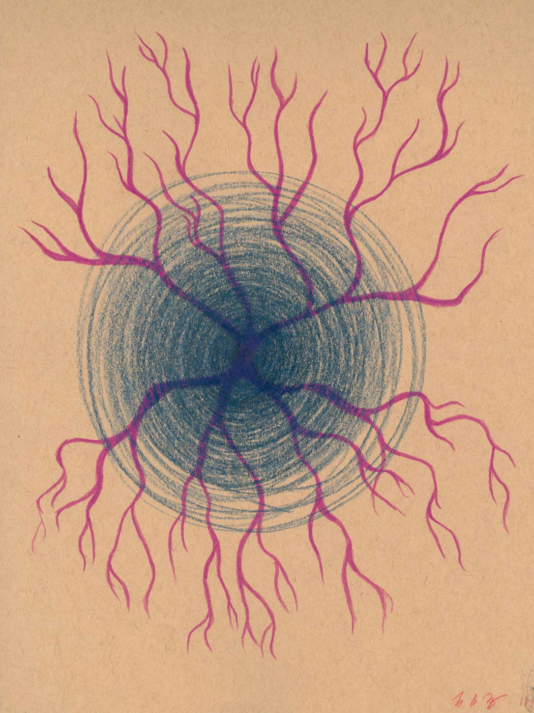 A colored pencil drawing on tan paper of a magenta-purple branching pattern similar to tree roots, overlaid with a dark blue swirling vortex shape