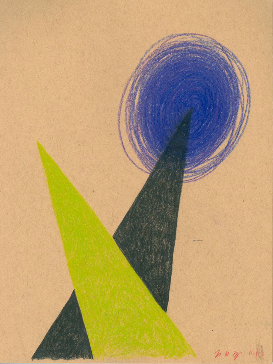 A colored pencil drawing on tan paper of an lime green spikey triangle in front of a black spikey triangle. The black spike is topped by a dark blue swirling vortex shape.