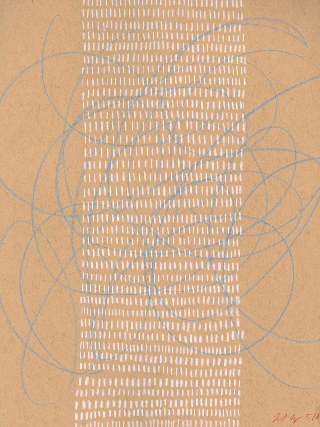 A colored pencil drawing on tan paper of a light blue looping pattern that goes all over the page. Down the center of the page is a wide strip of white dashed lines