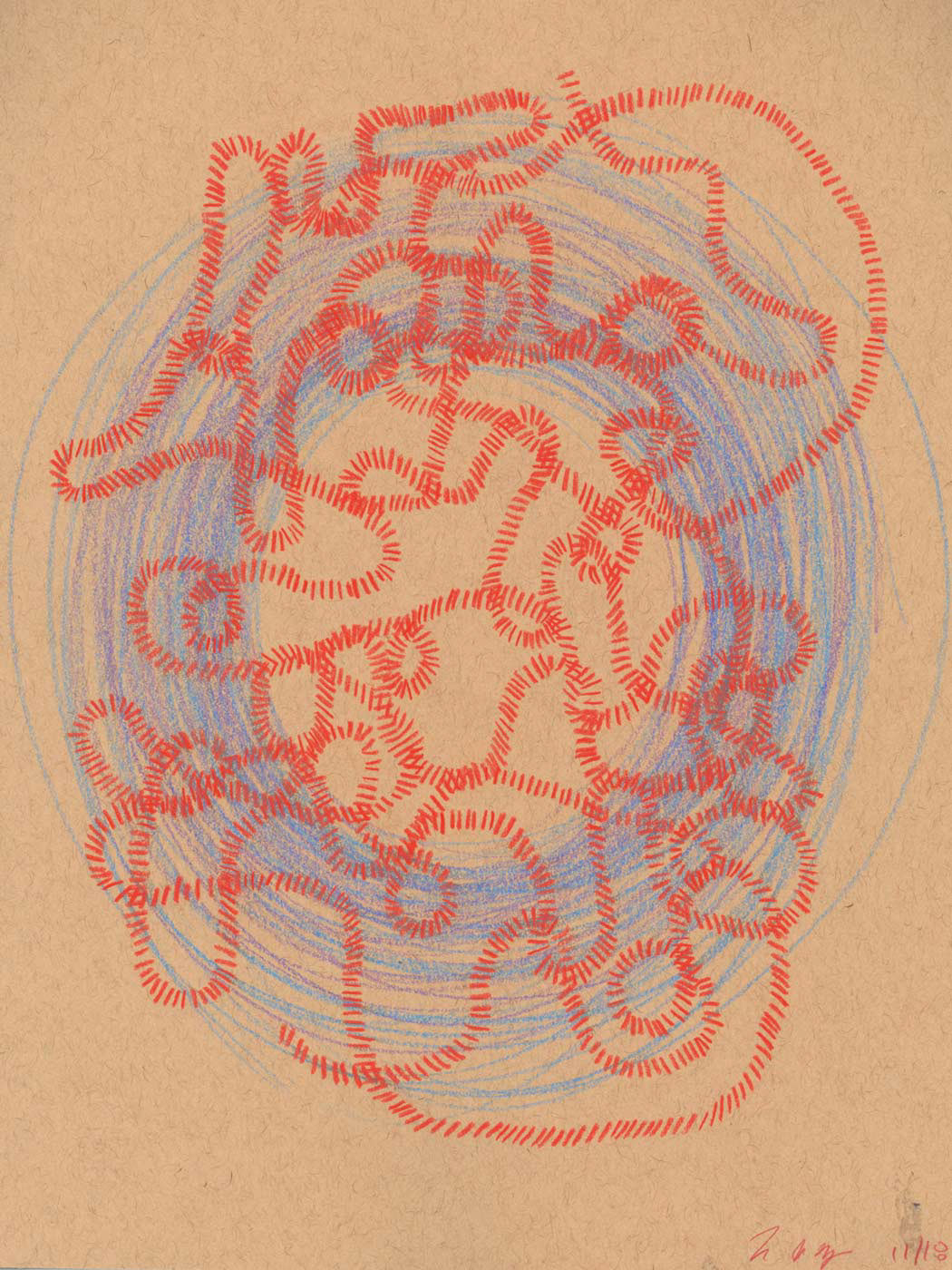 A colored pencil drawing on tan paper of a bright red twisting pattern overlaid with a light blue and purple swirling vortex shape 