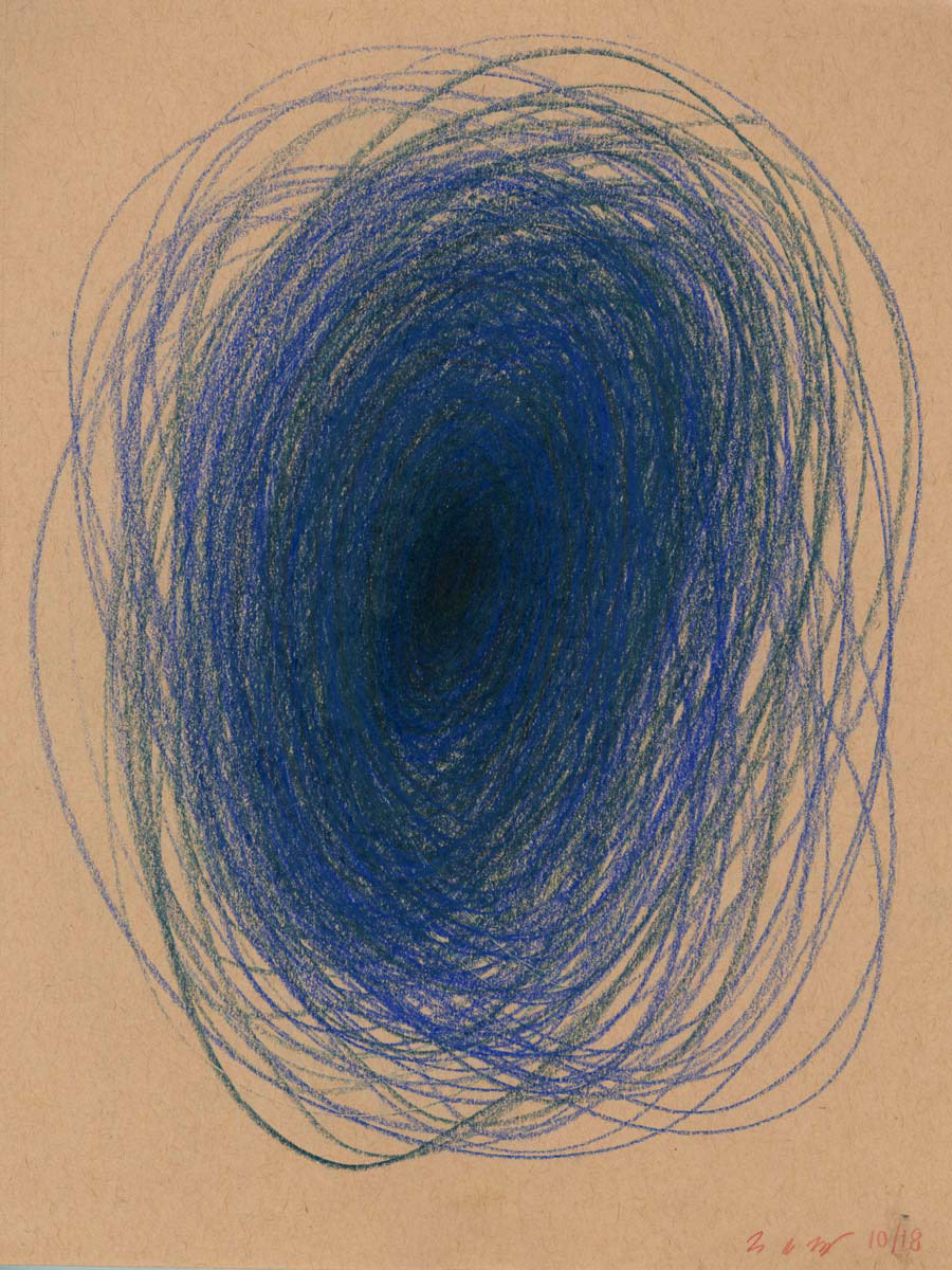 A colored pencil drawing on tan paper of an abstract swirling vortex shape in shades of dark blue 