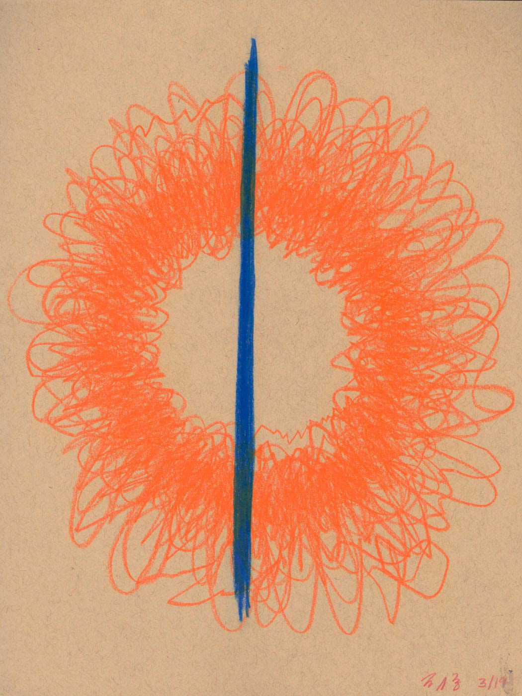 A colored pencil drawing on tan paper of a lot of wobbly orange circles overlaid on top of each other. There is a thick dark blue line down the center of the orange circles. 