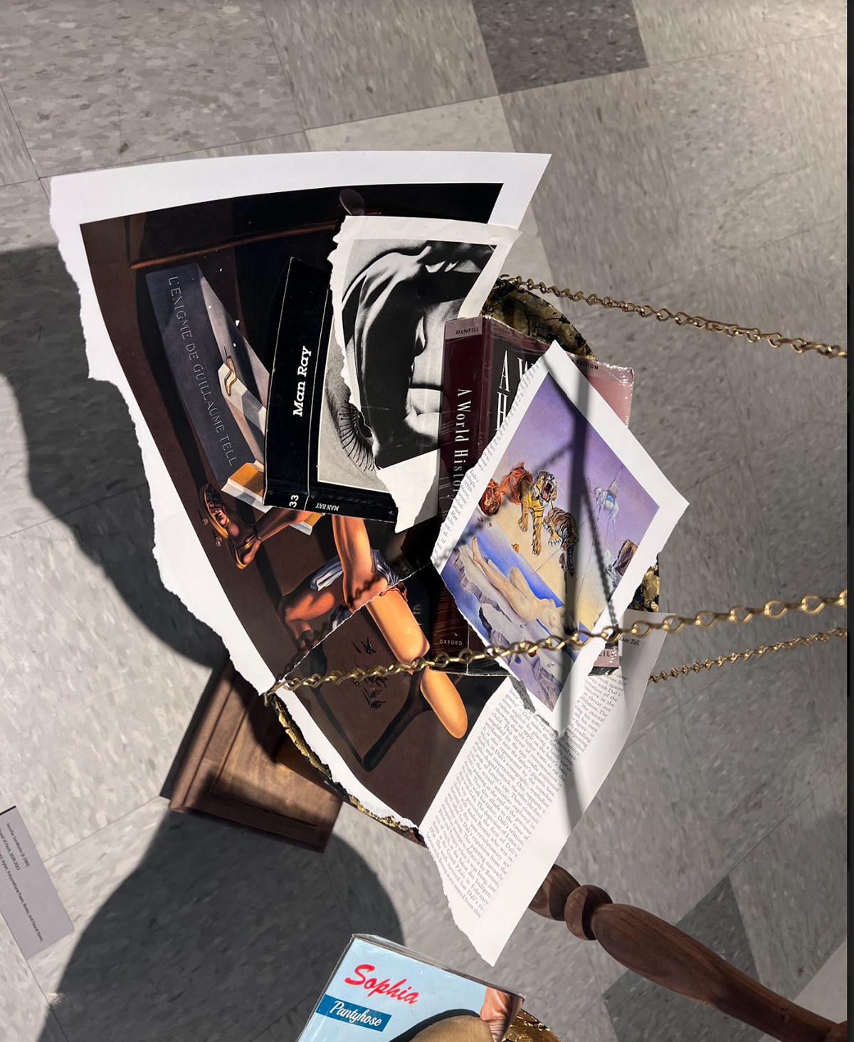 Pound of Flesh, 2020-2022 Wood, Synthetic Nylon, Polyurethane Foam, Books, and Found Items.  38 ½ x 37 x 23 ½ inches (Masculine Detail)