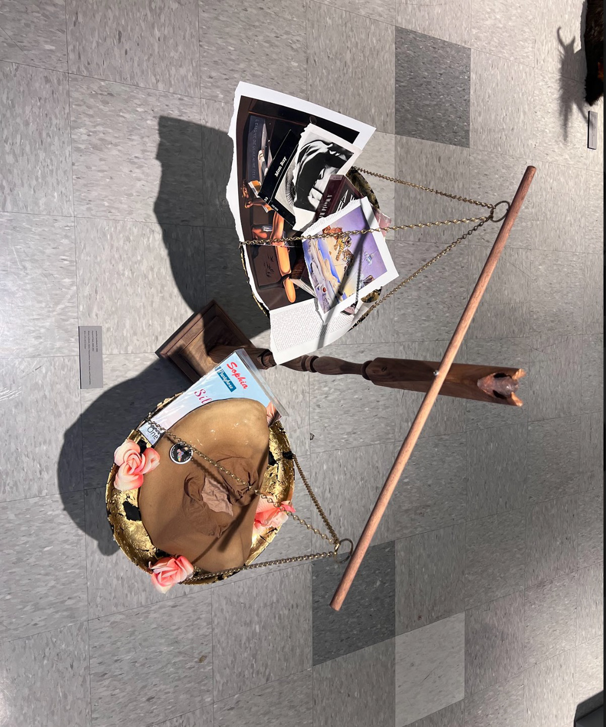 Pound of Flesh, 2020-2022 Wood, Synthetic Nylon, Polyurethane Foam, Books, and Found Items.  38 ½ x 37 x 23 ½ inches (Overview)