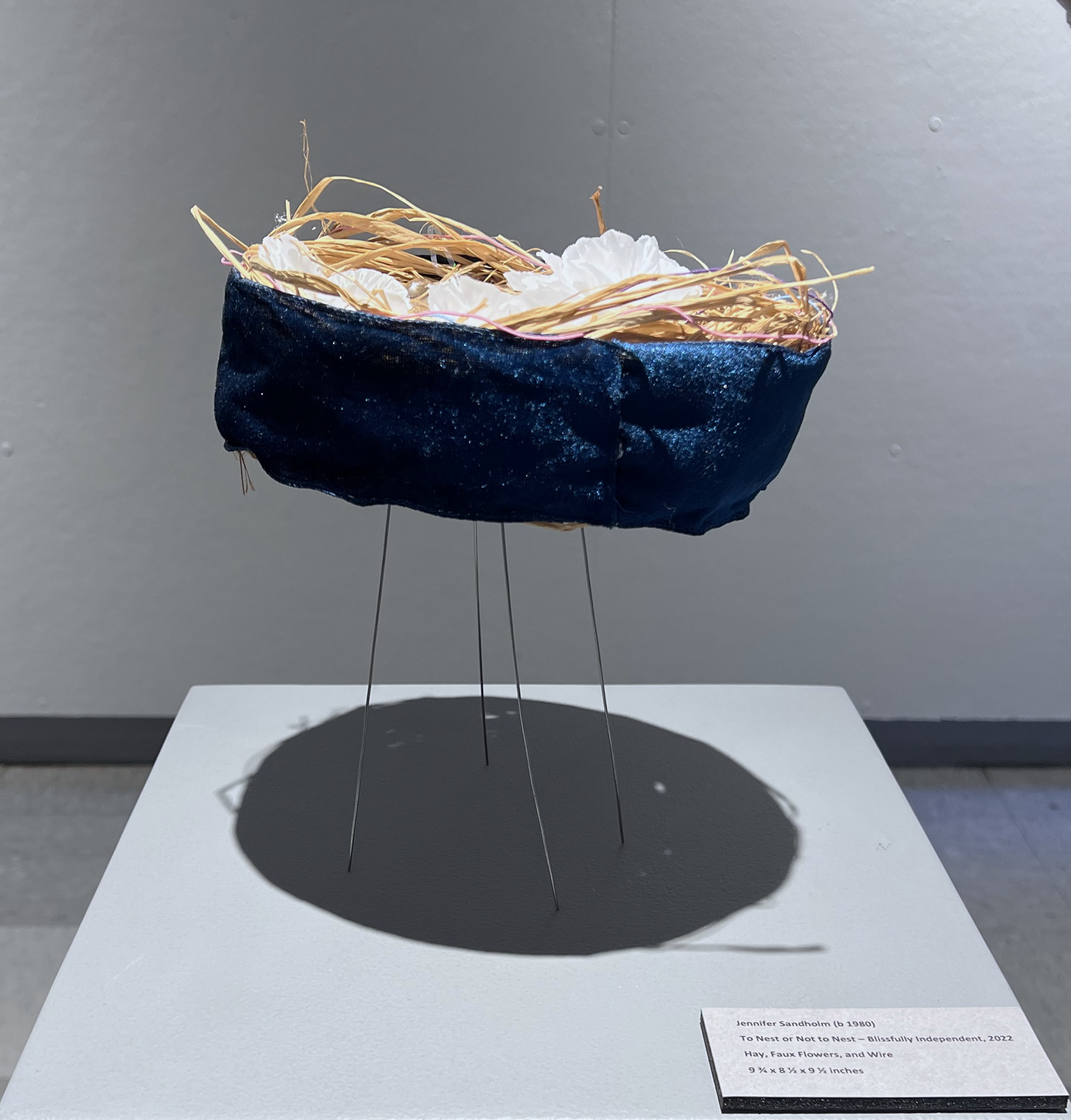 To Nest or Not to Nest – Blissfully Independent, 2022 Hay, Faux Flowers, and Wire  9 ¾ x 8 ½ x 9 ½ inches (side)