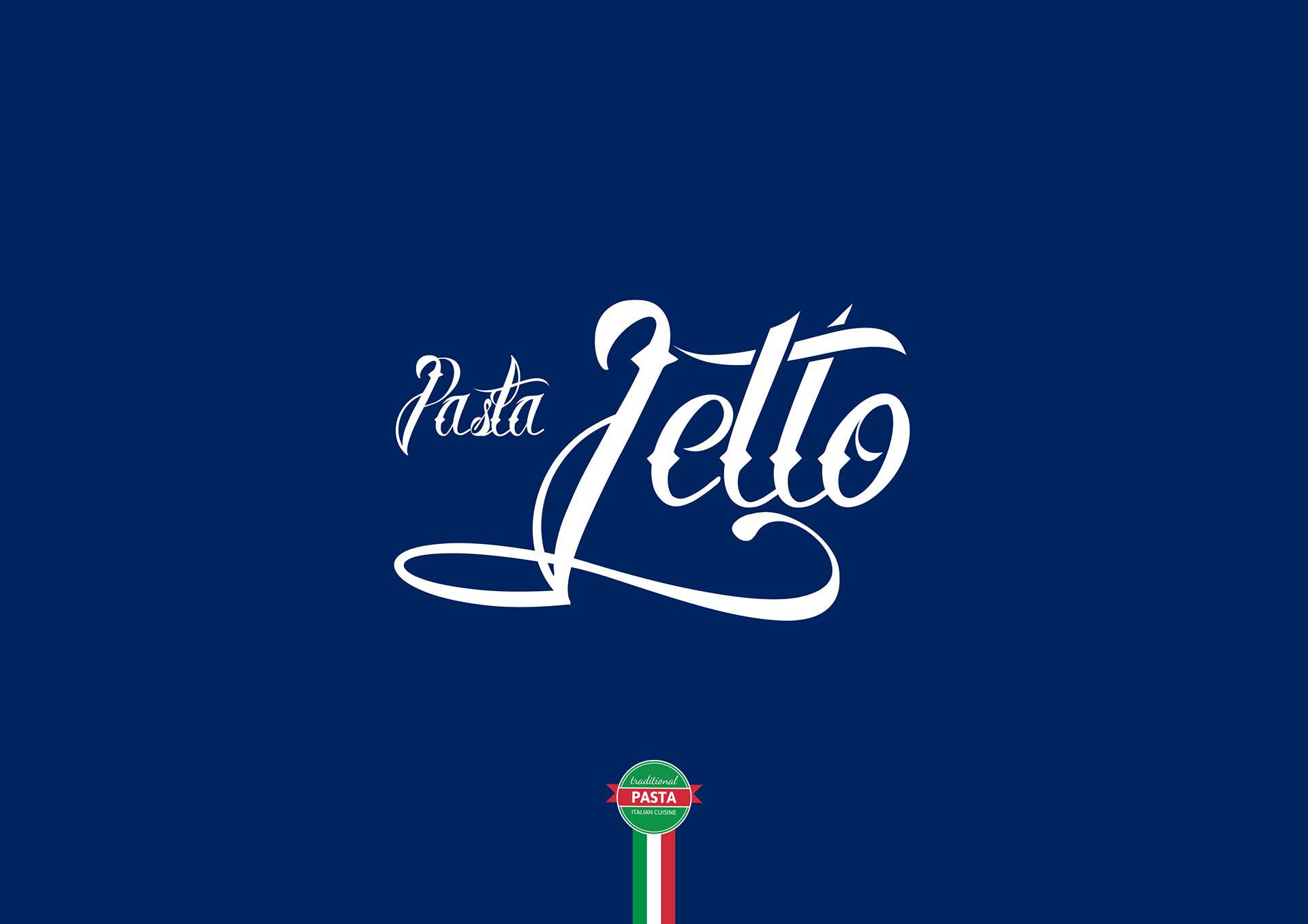 Letto Italian pasta packaging design for Fusilloni featuring a dark blue box, script logo and transparent product window by Dima Rykov