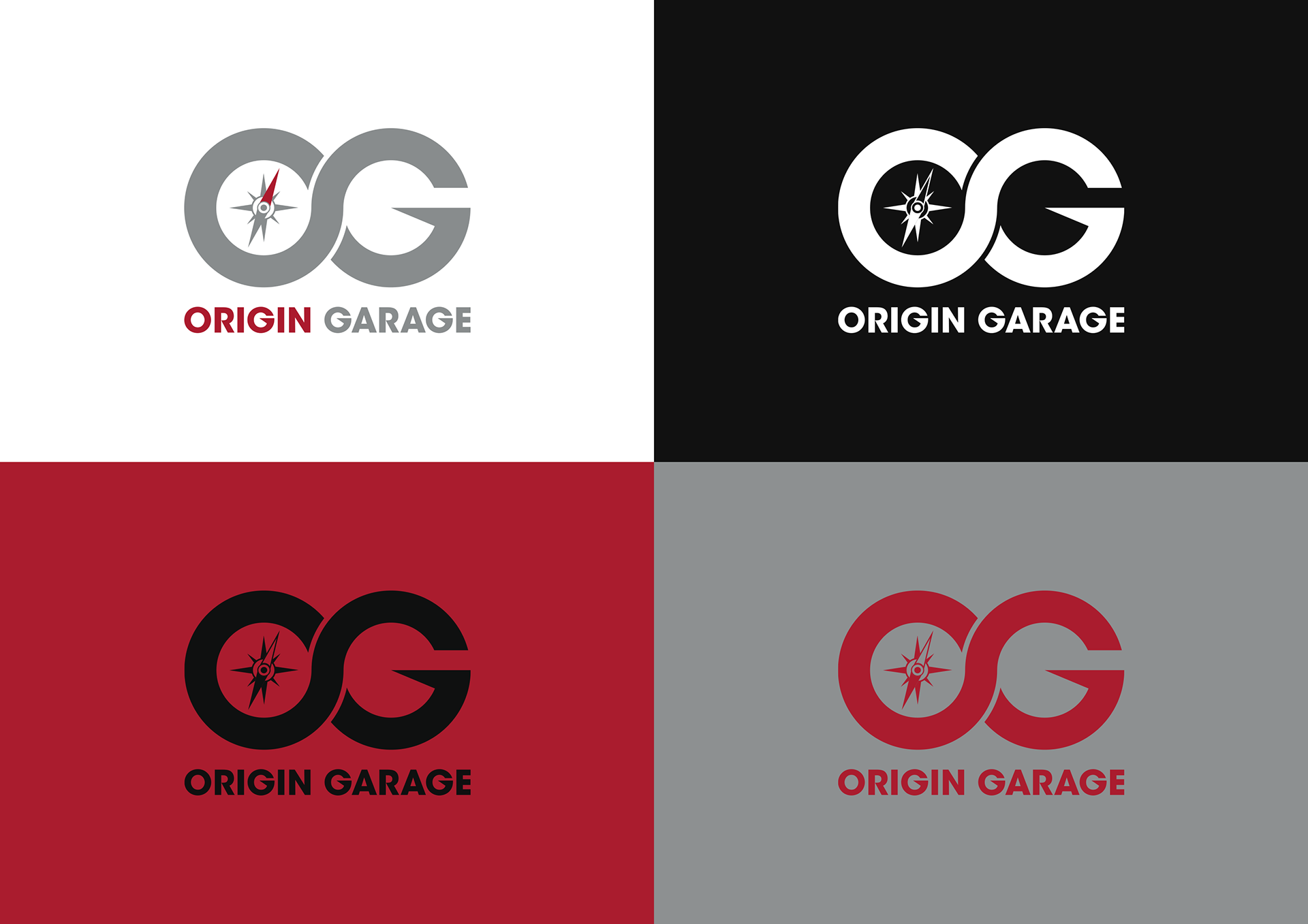 Origin Garage automotive brand identity with OG logo over an off-road mountain scene by Dima Rykov