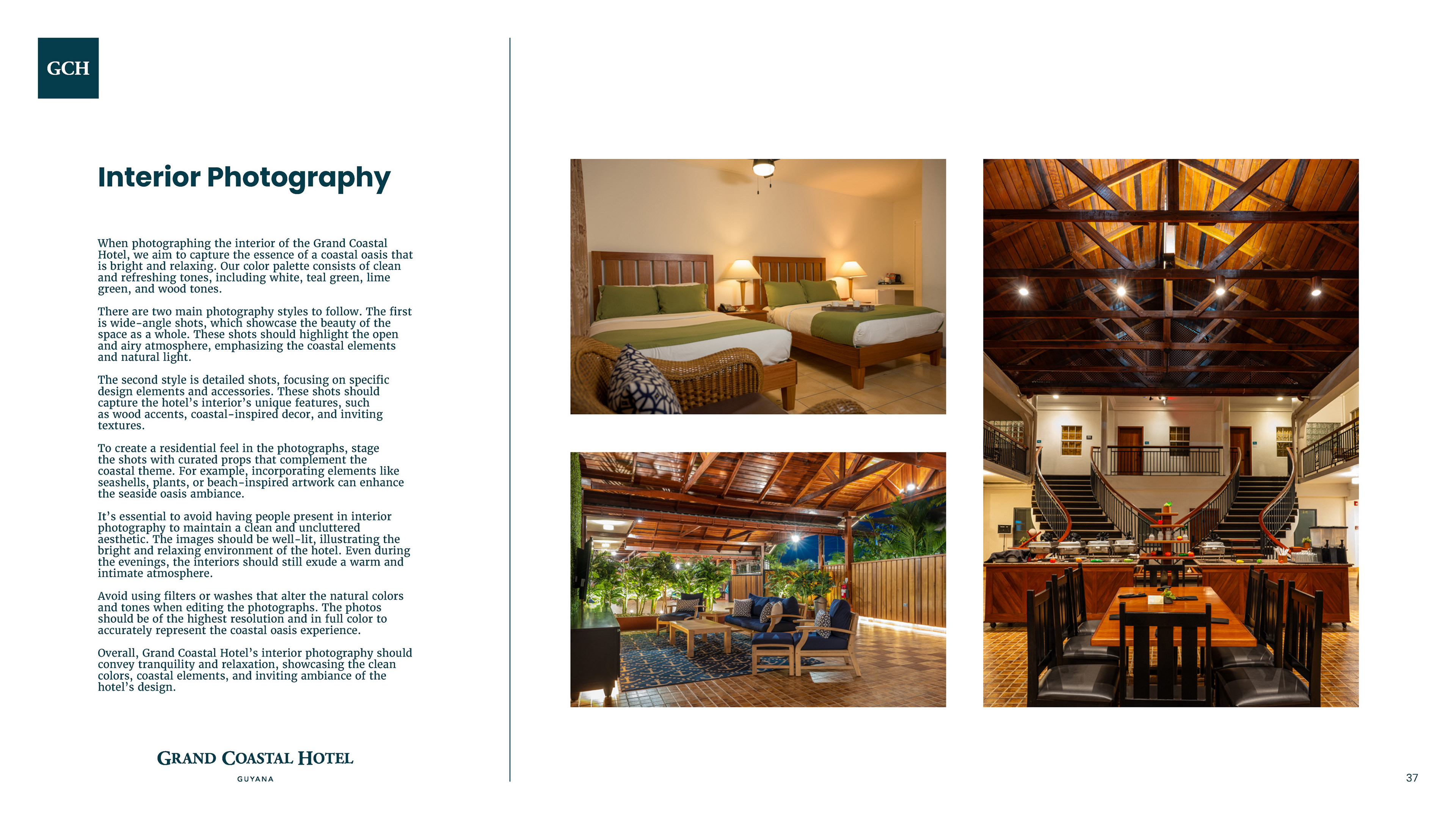Grand Coastal Hotel brand guidelines introduction featuring hotel interior photography and brand overview