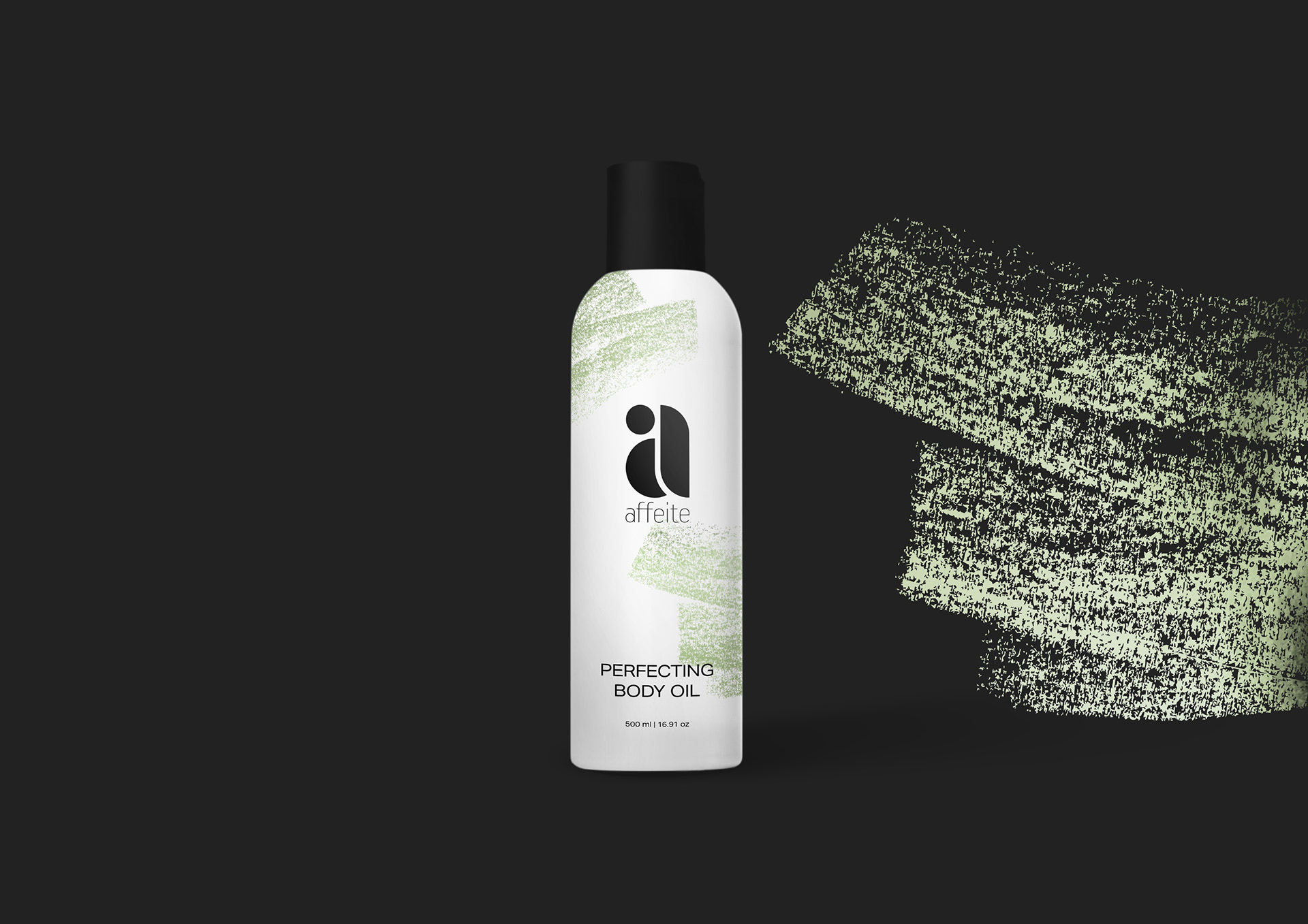 Affeite cosmetics brand identity applied to a black shopping bag and branded card by Dima Rykov