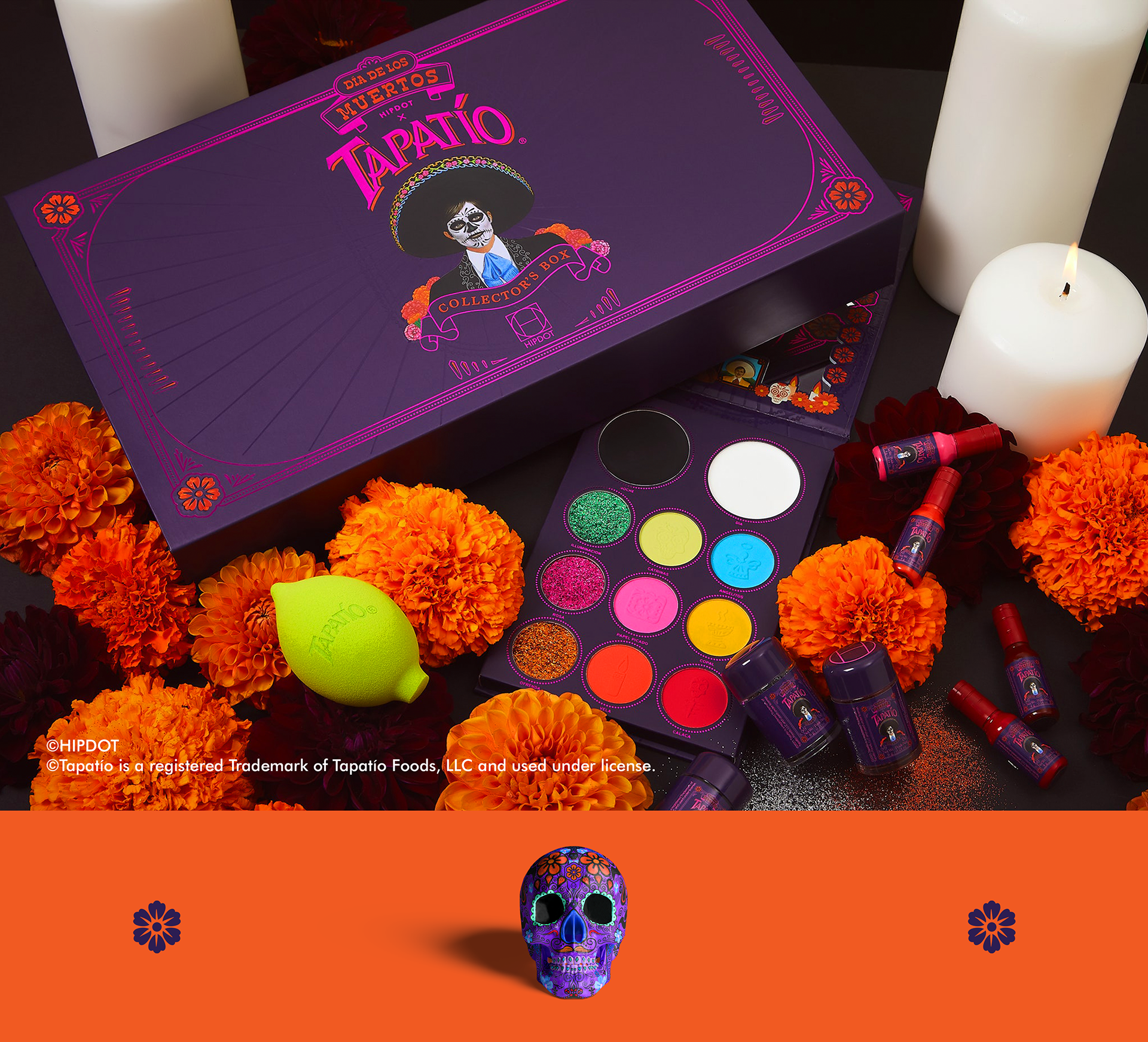 HIPDOT x TAPATÍO Día de los Muertos makeup packaging with colorful pigment palette and beauty products by Dima Rykov