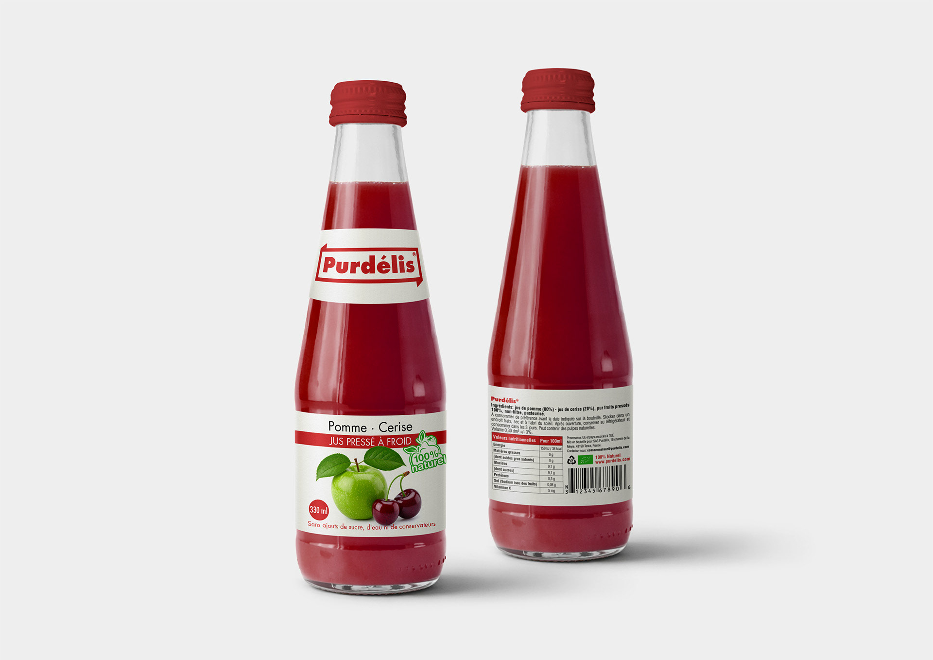Purdélis natural juice packaging and label design with color-coded glass bottles by Dima Rykov