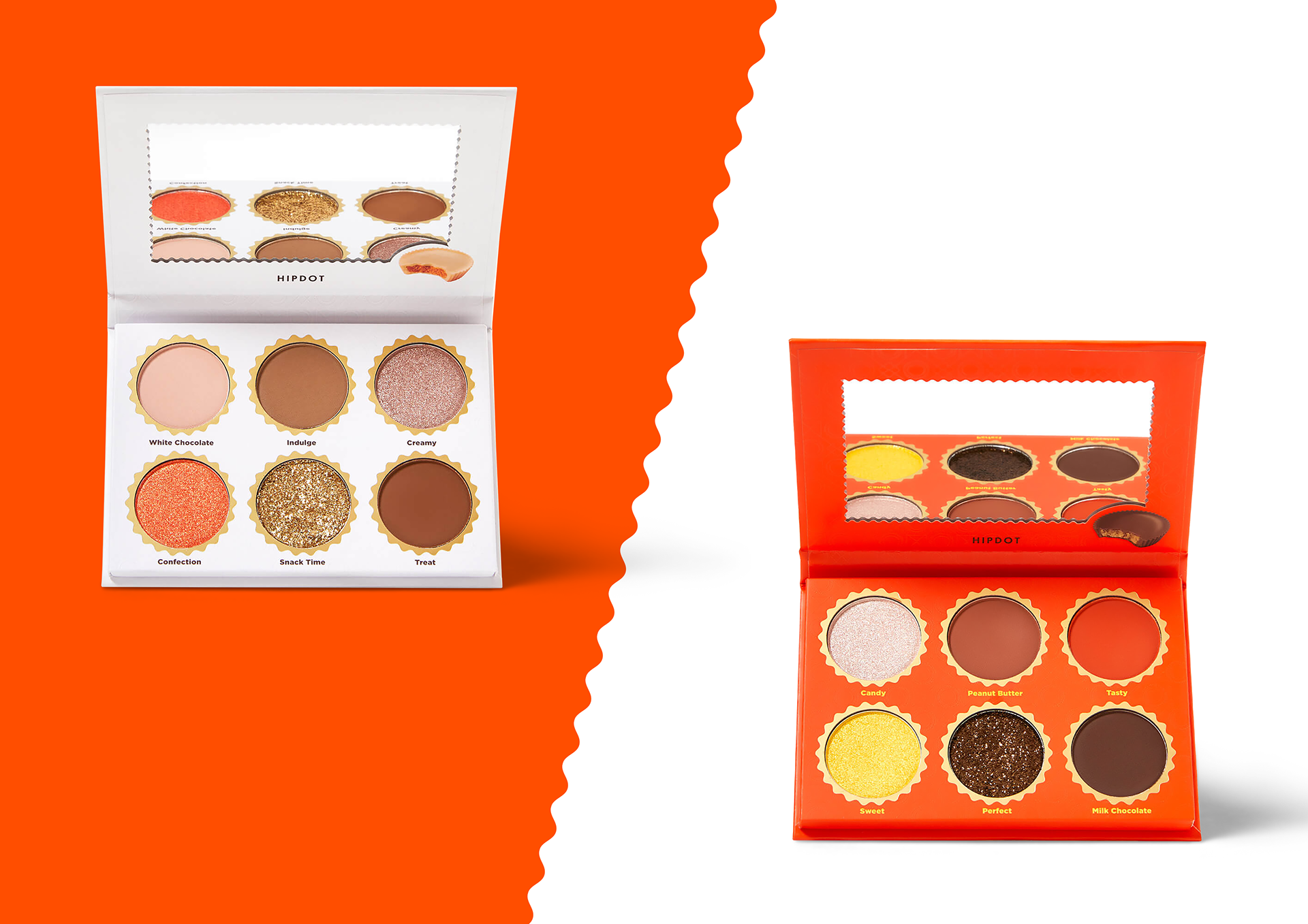 HIPDOT x REESE'S cosmetics packaging design featuring eyeshadow palettes, lip balms and makeup brushes by Dima Rykov