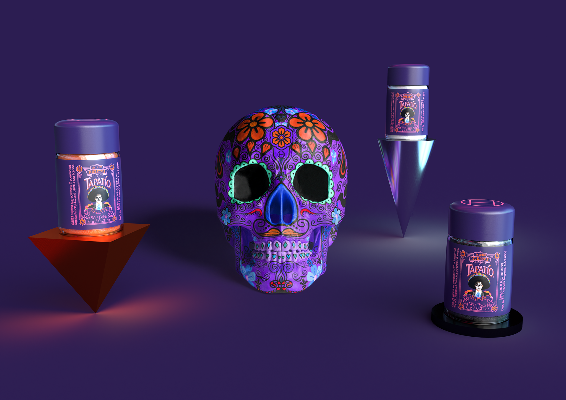 HIPDOT x TAPATÍO Día de los Muertos makeup packaging with colorful pigment palette and beauty products by Dima Rykov