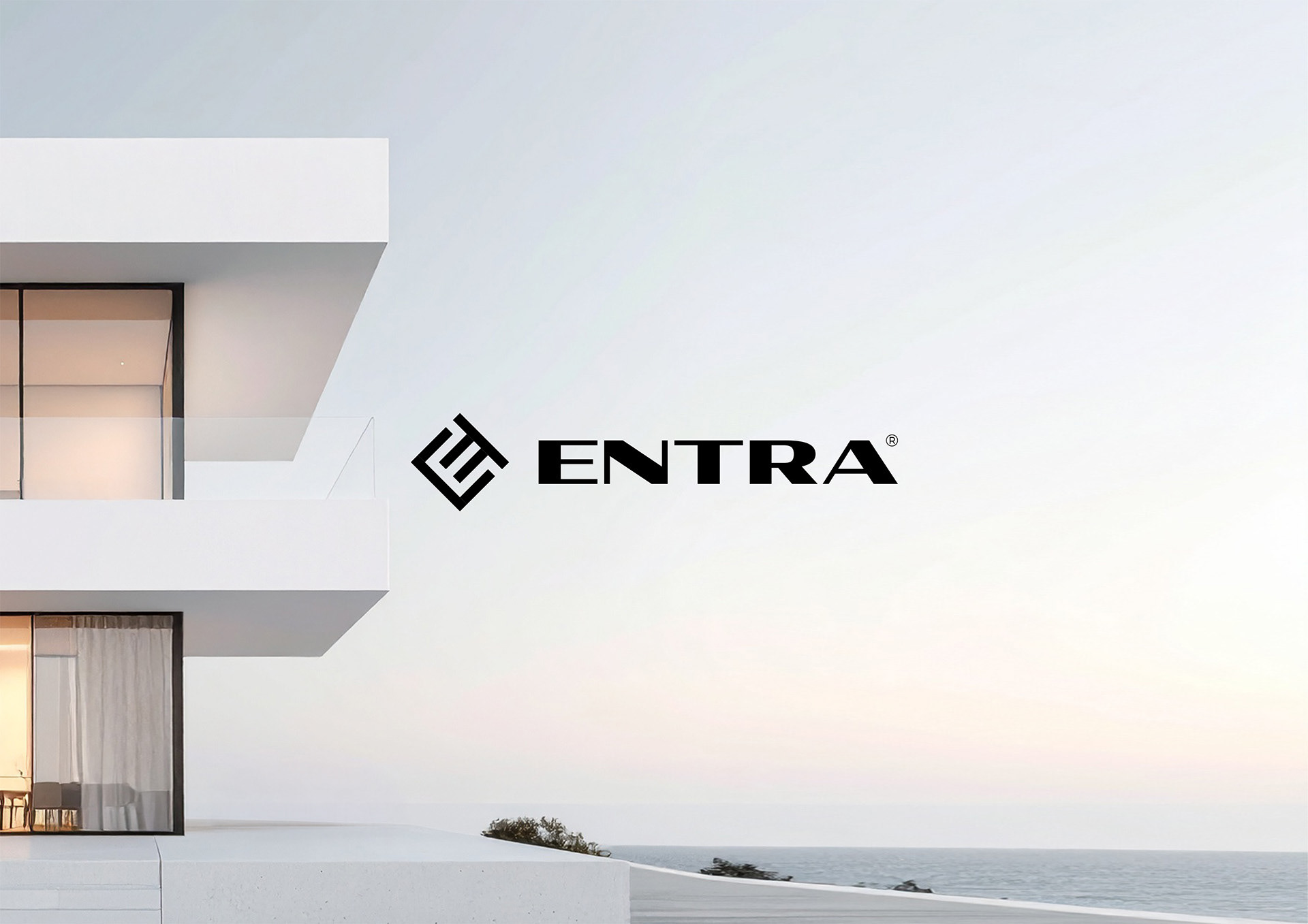 ENTRA architecture studio brand identity with orange branded hard hat and architectural floor plans by Dima Rykov