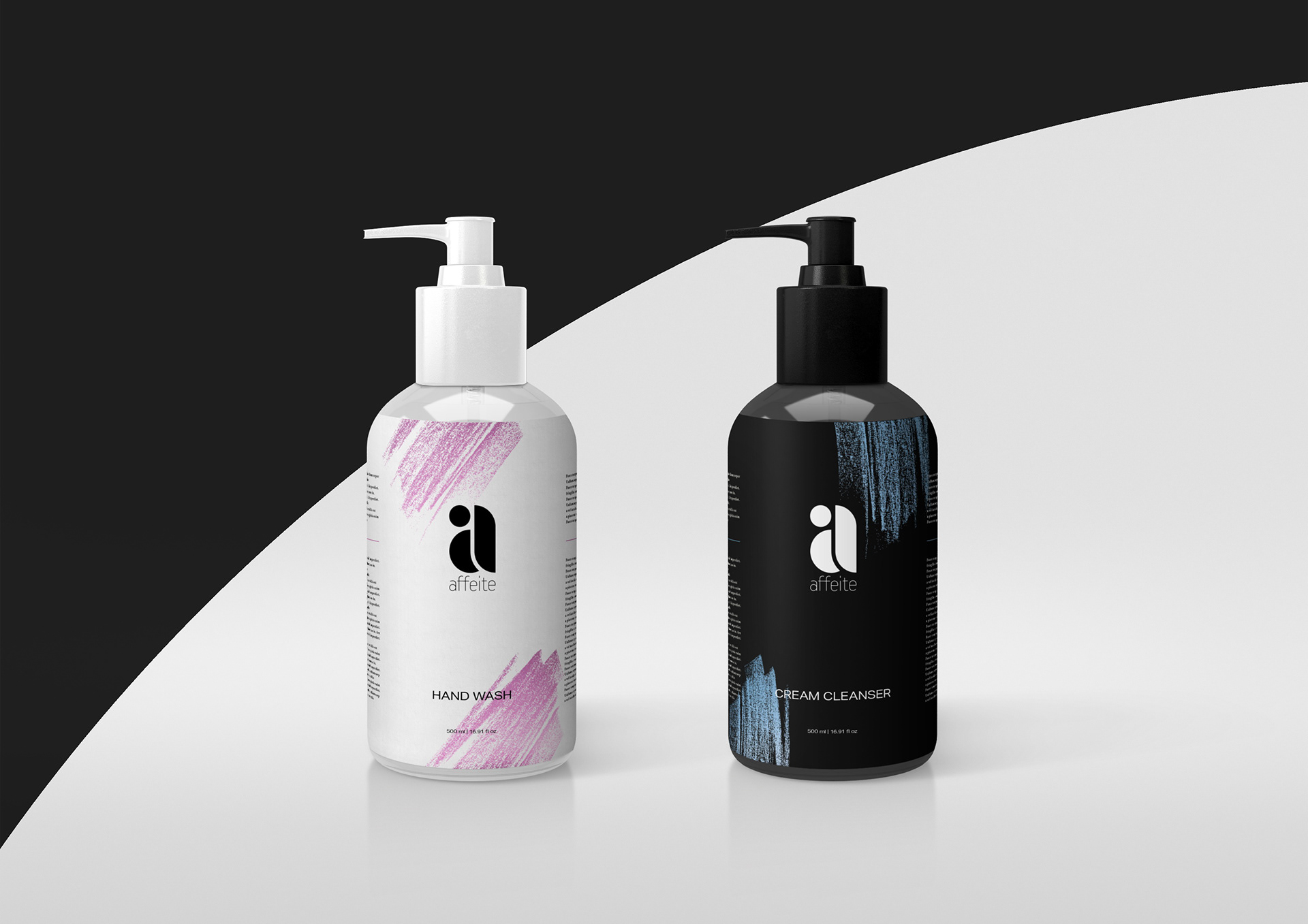 Affeite cosmetics brand identity applied to a black shopping bag and branded card by Dima Rykov