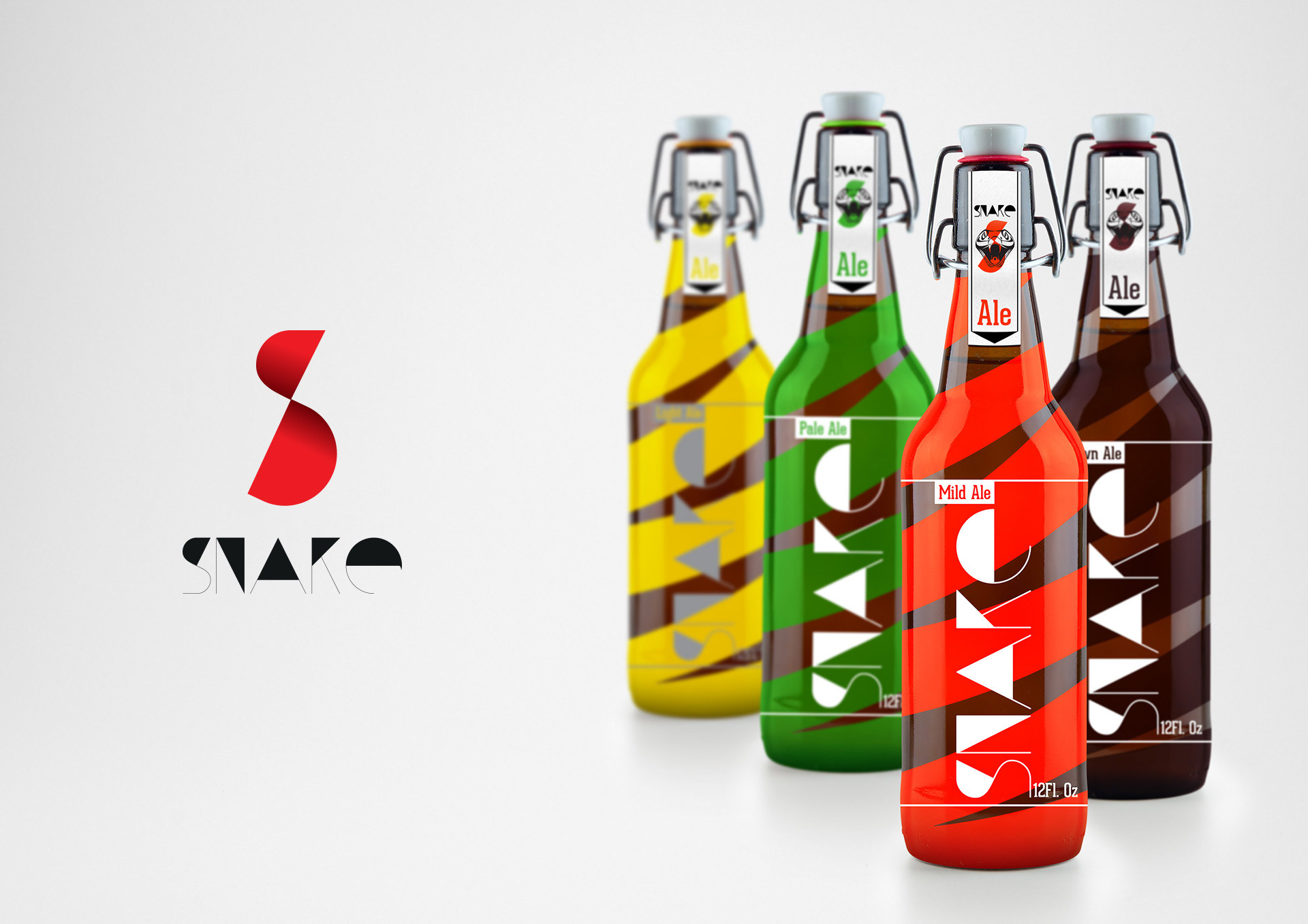 Ale Snake beer packaging and label design featuring a colorful range of ale bottles by Dima Rykov