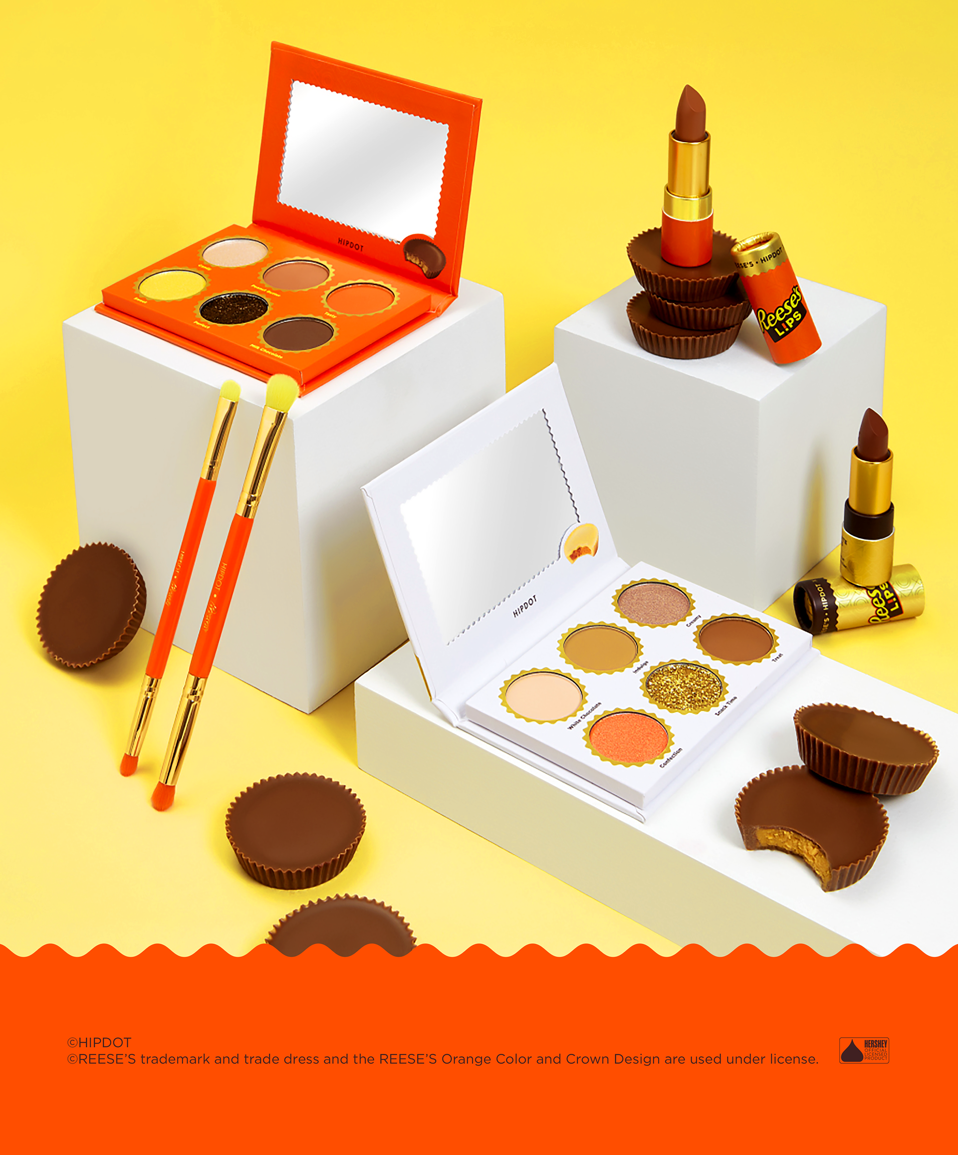 HIPDOT x REESE'S cosmetics packaging design featuring eyeshadow palettes, lip balms and makeup brushes by Dima Rykov