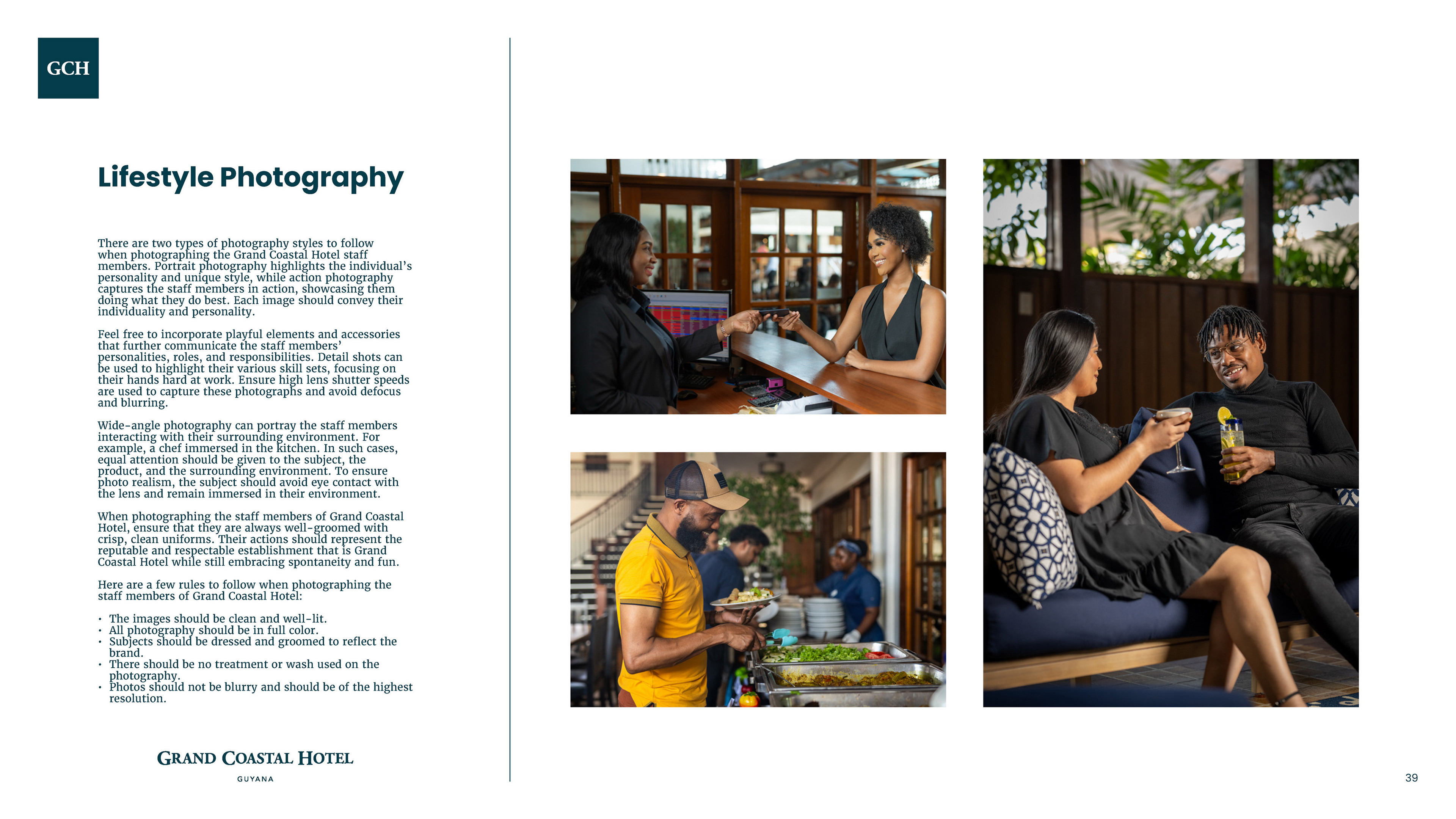 Grand Coastal Hotel brand guidelines introduction featuring hotel interior photography and brand overview