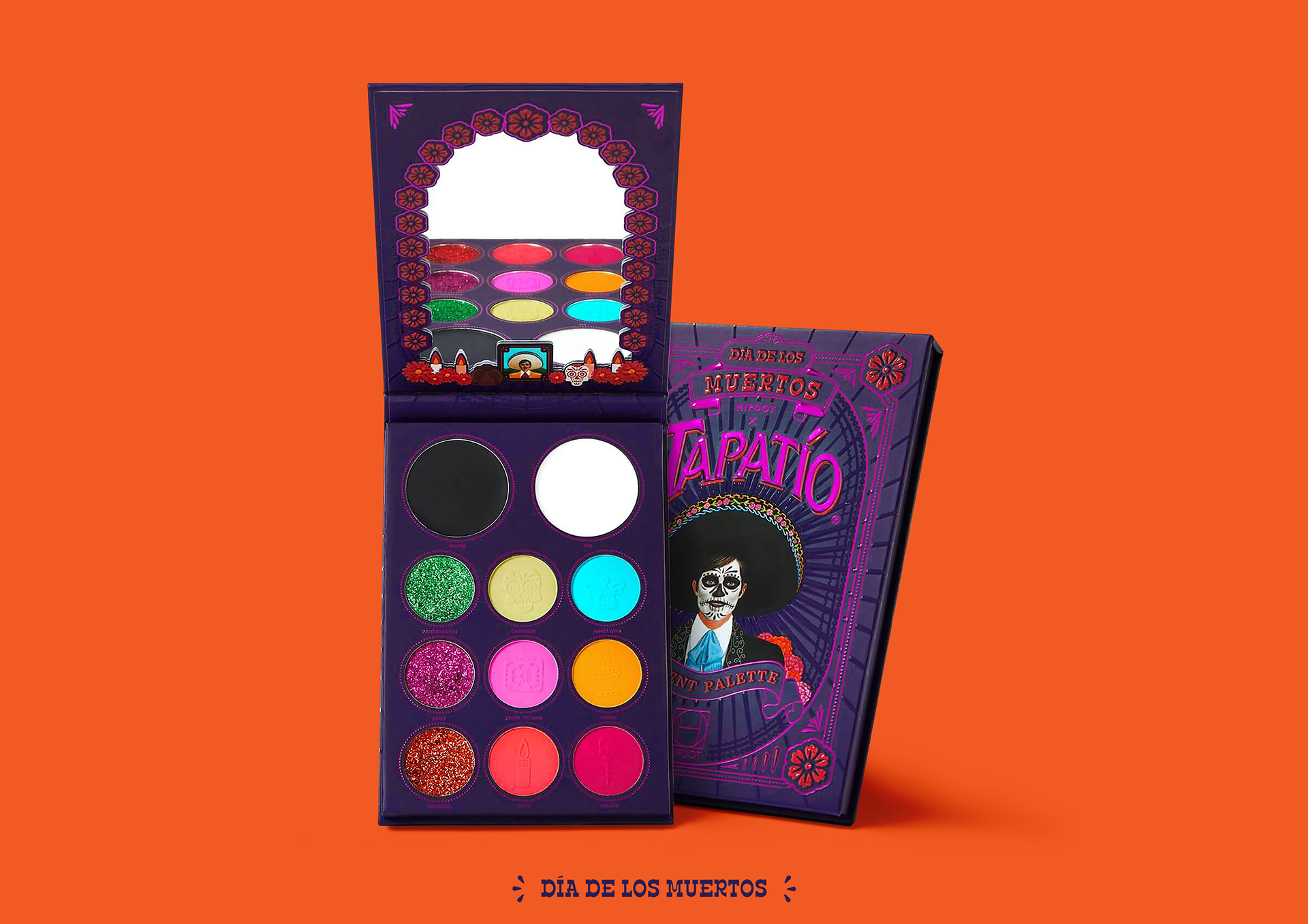 HIPDOT x TAPATÍO Día de los Muertos makeup packaging with colorful pigment palette and beauty products by Dima Rykov