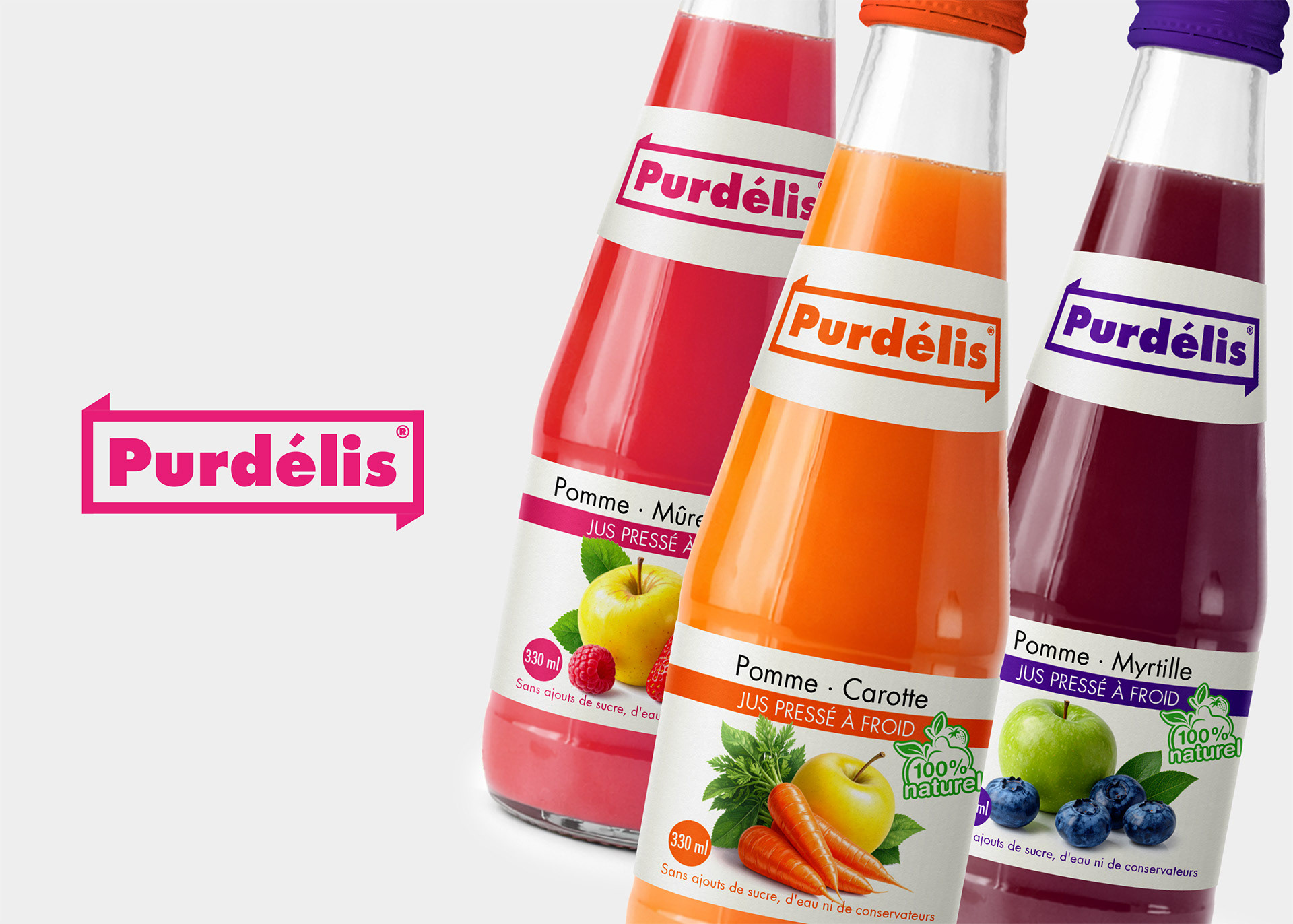 Purdélis natural juice packaging and label design with color-coded glass bottles by Dima Rykov