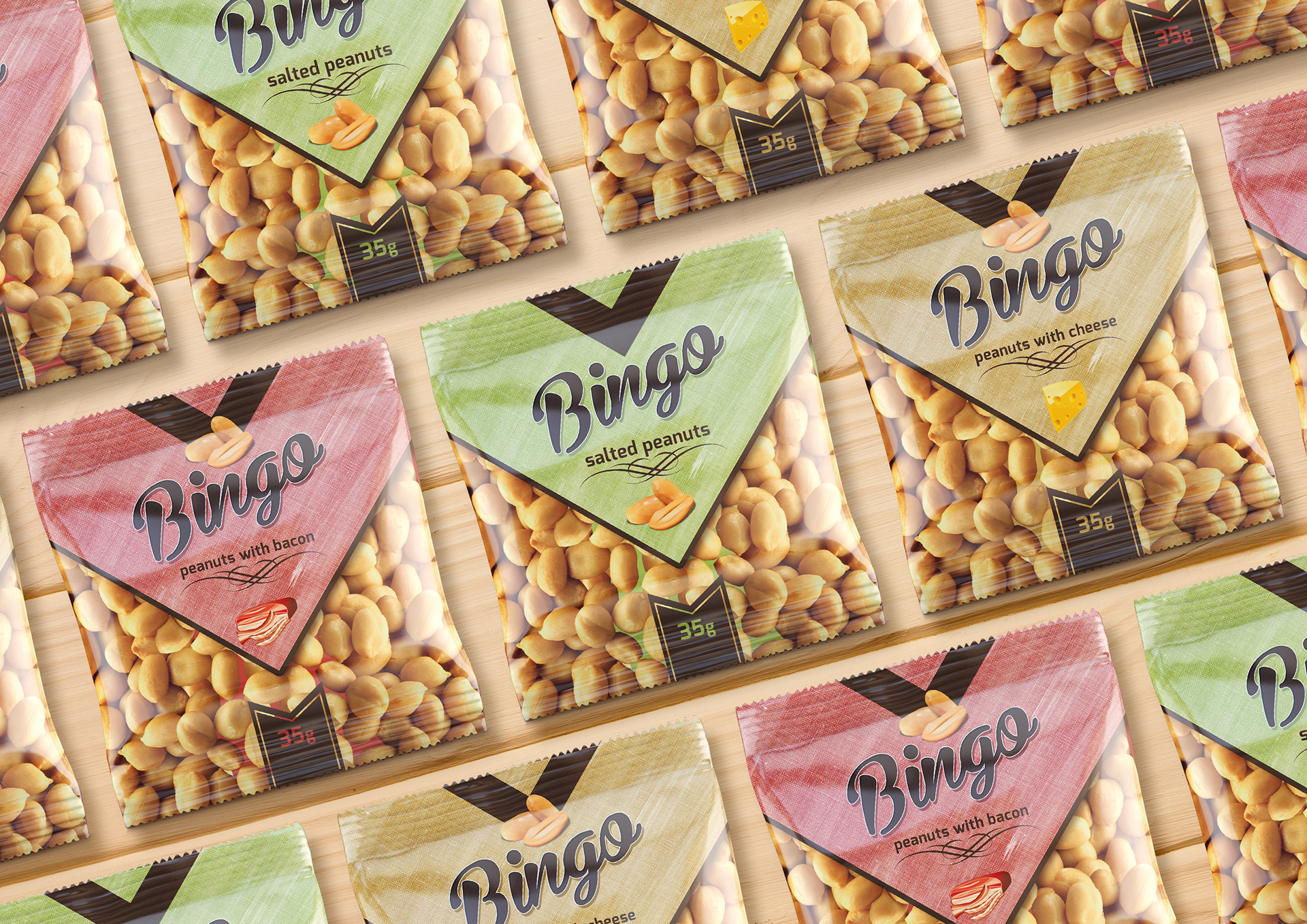 Bingo peanuts with bacon packaging design featuring a transparent snack pouch and red label by Dima Rykov