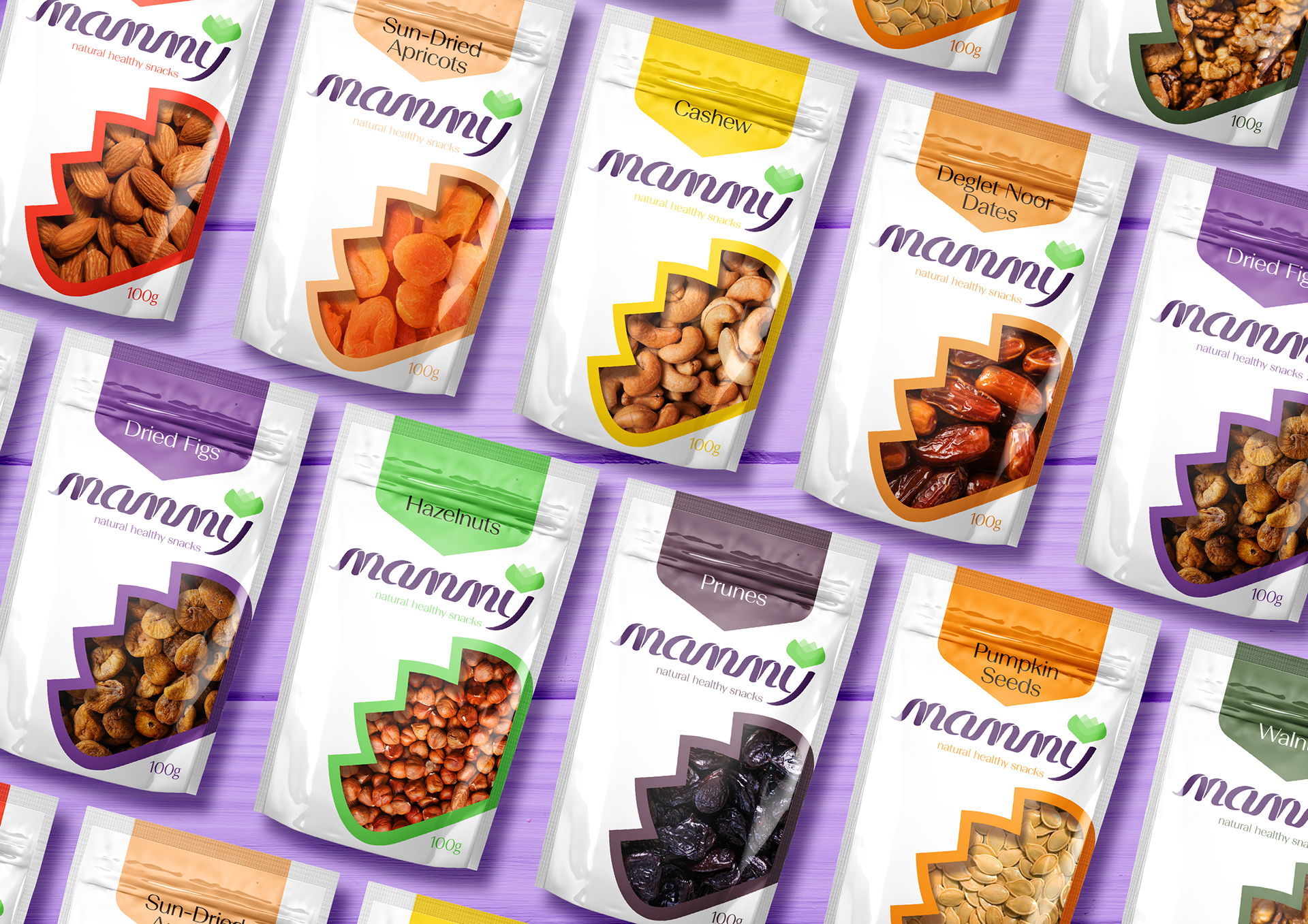 Mammy natural snack packaging design for sun-dried apricots with white pouch and orange accents by Dima Rykov
