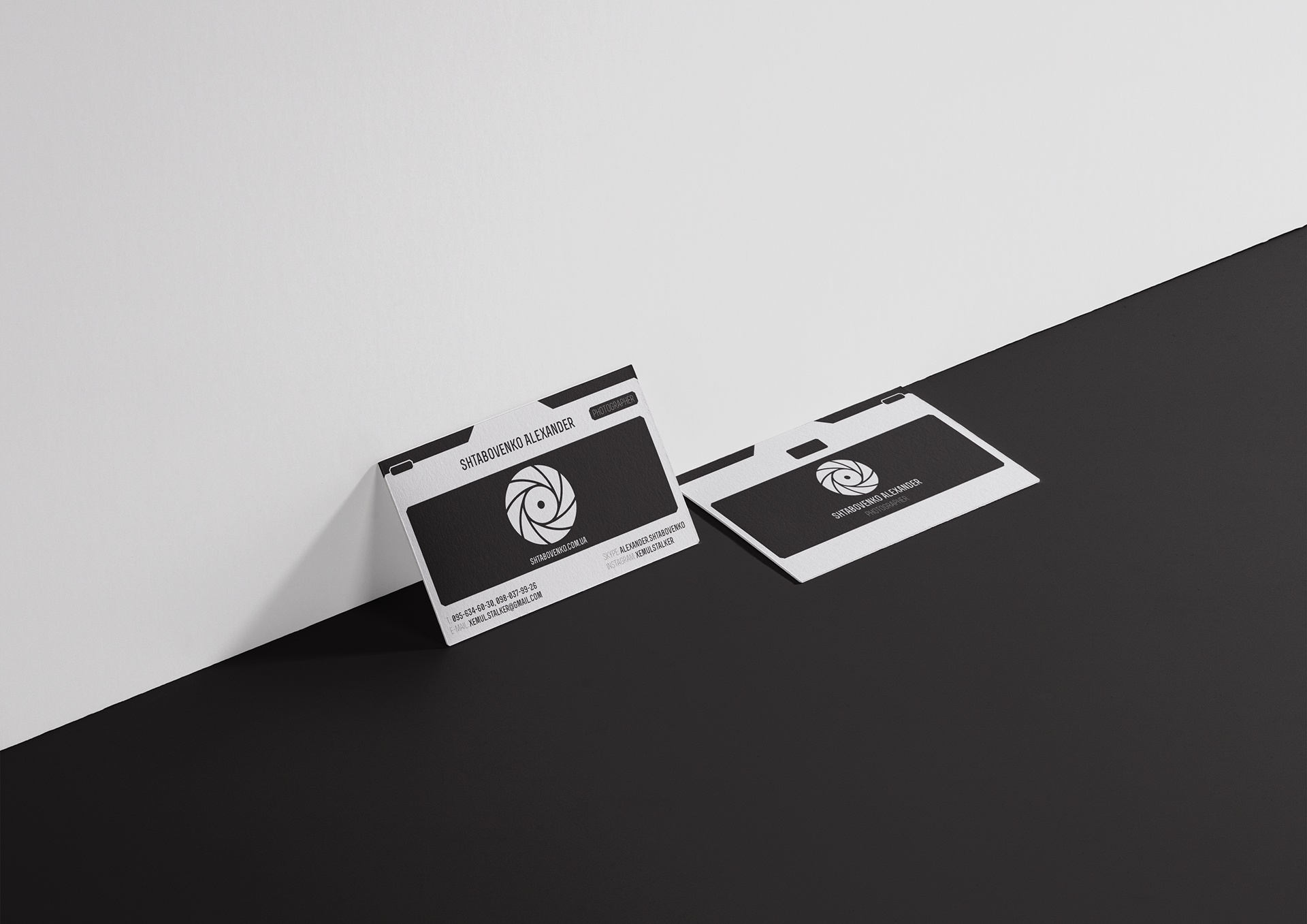 Alexander Shtabovenko photographer logo and visual identity featuring a camera aperture symbol by Dima Rykov