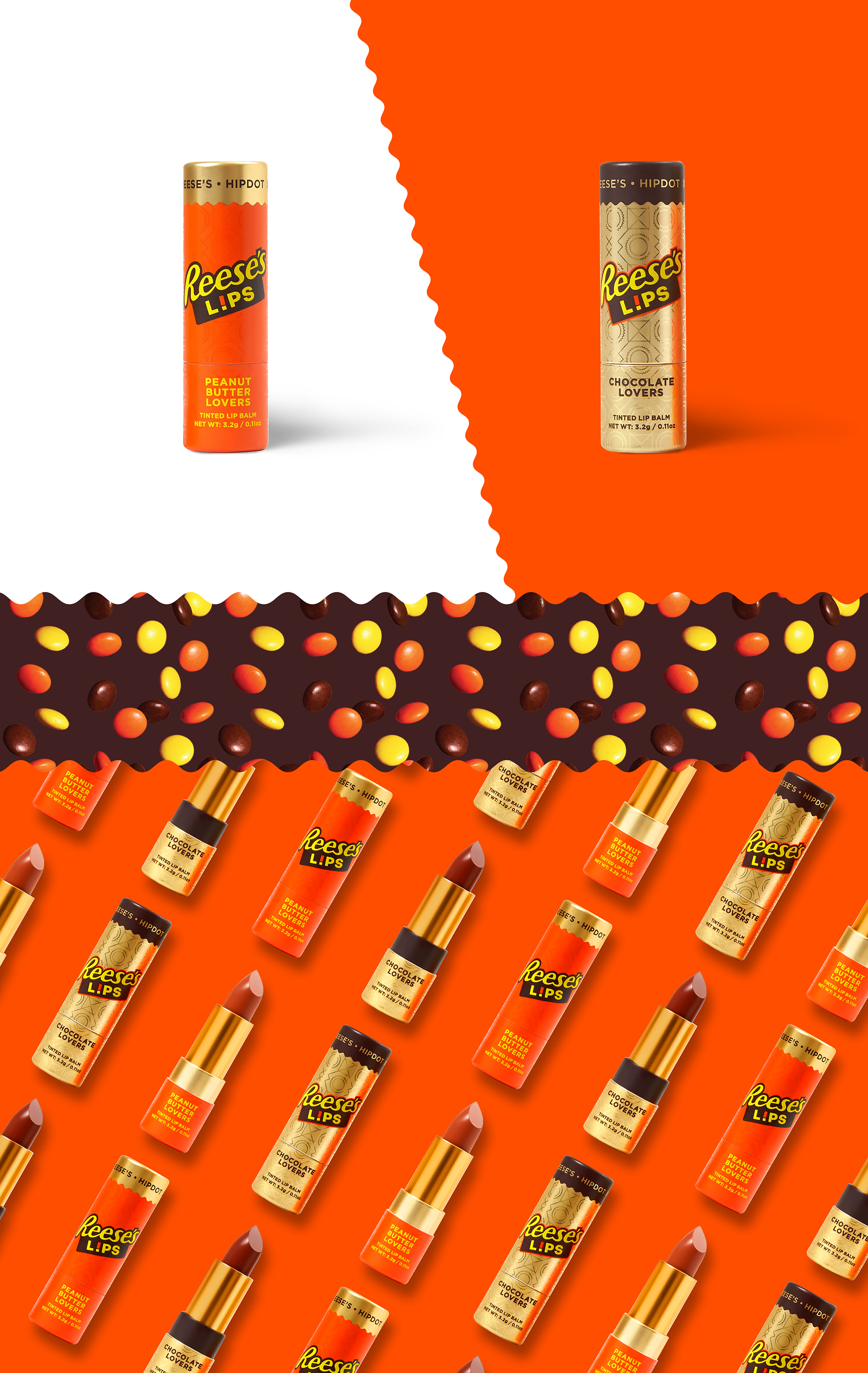 HIPDOT x REESE'S cosmetics packaging design featuring eyeshadow palettes, lip balms and makeup brushes by Dima Rykov