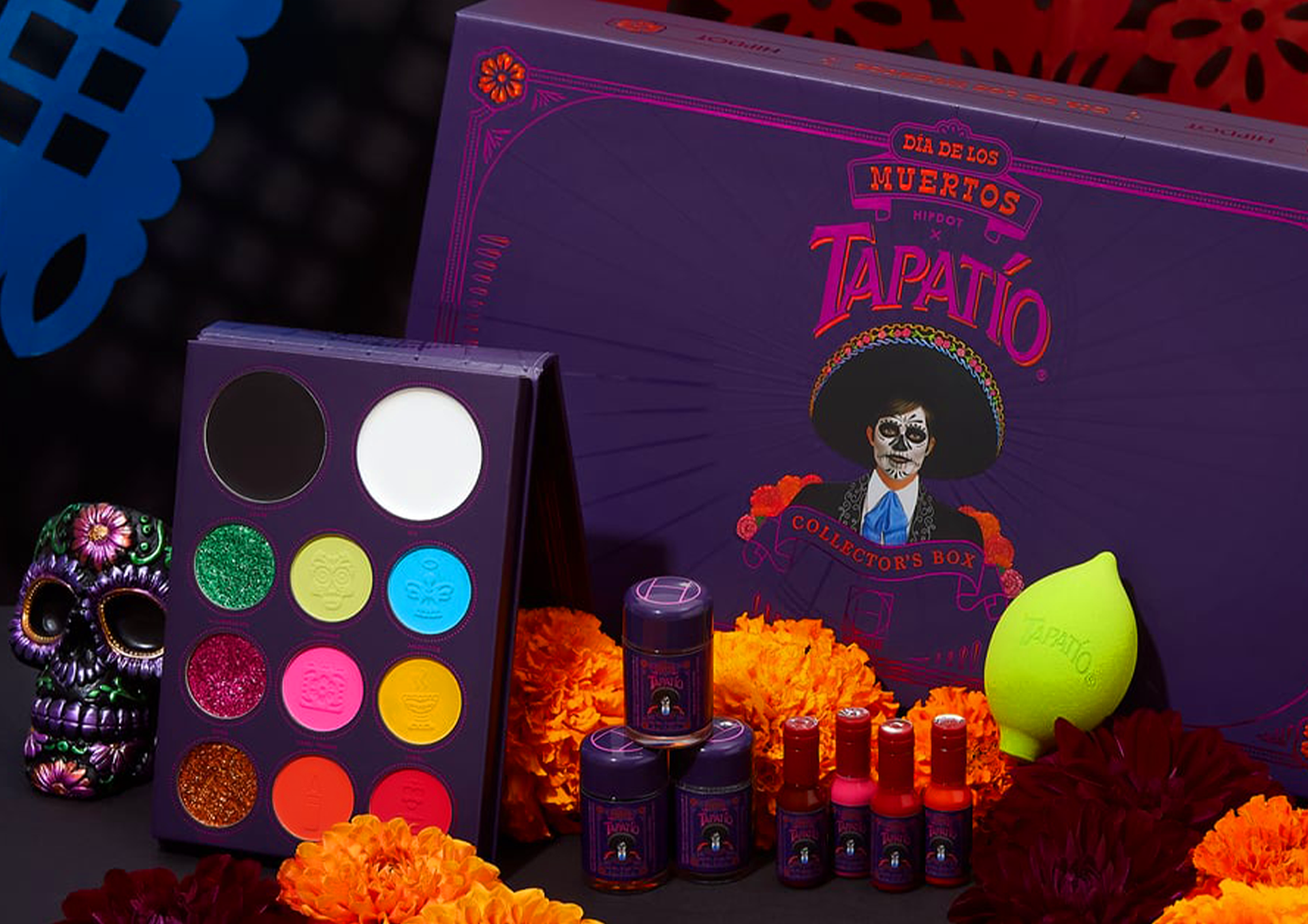 HIPDOT x TAPATÍO Día de los Muertos makeup packaging with colorful pigment palette and beauty products by Dima Rykov