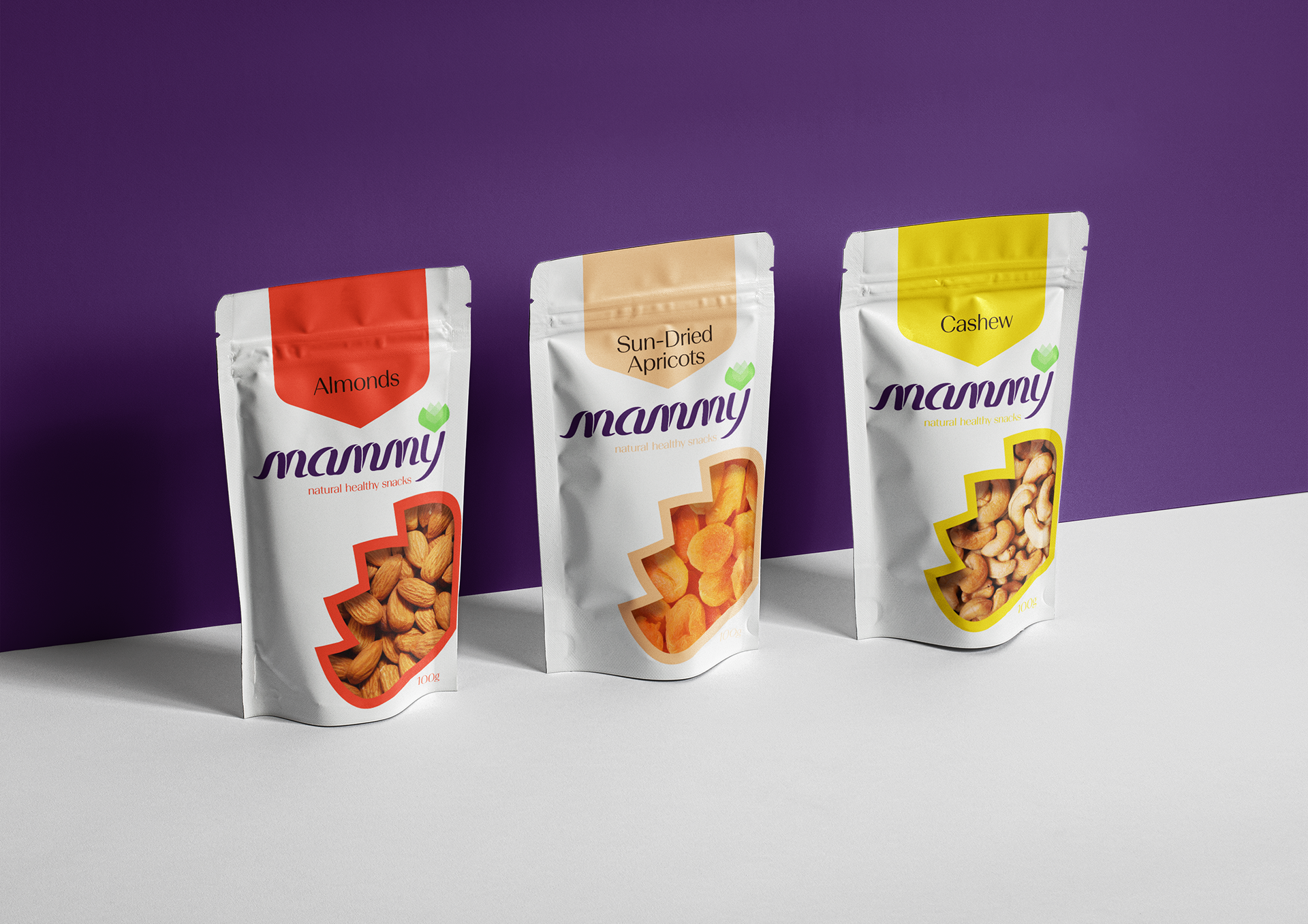 Mammy natural snack packaging design for sun-dried apricots with white pouch and orange accents by Dima Rykov