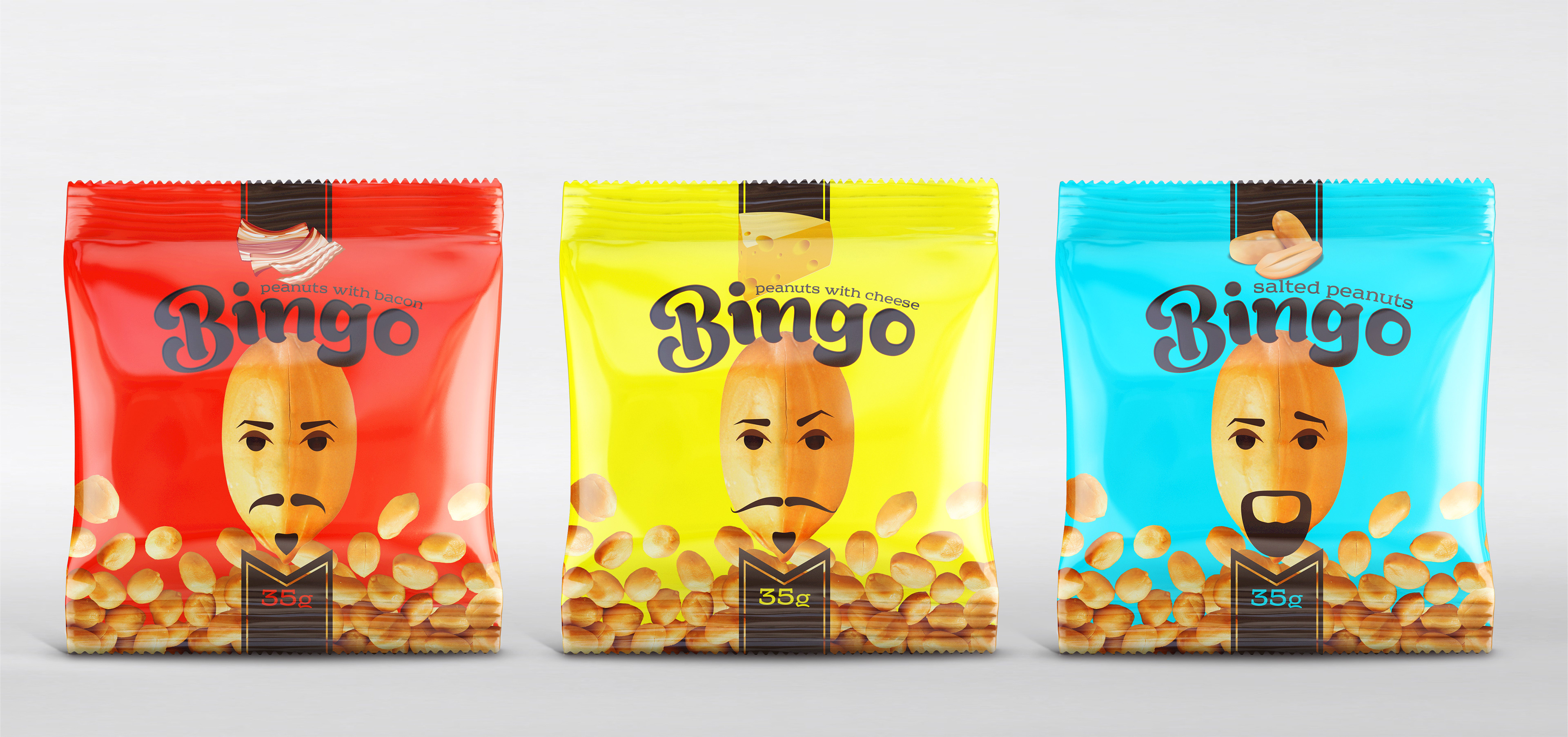 Bingo peanuts with bacon packaging design featuring a transparent snack pouch and red label by Dima Rykov