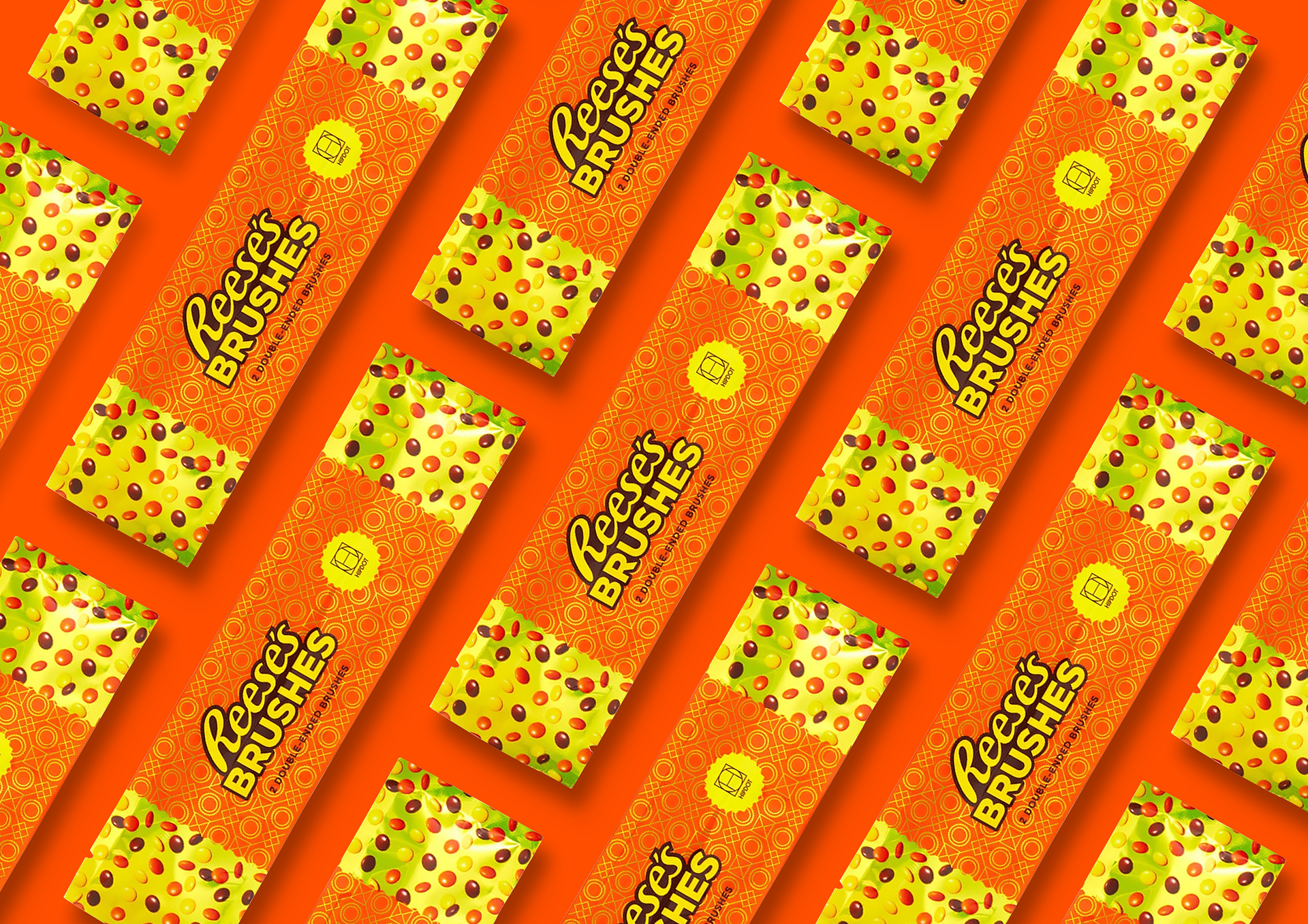 HIPDOT x REESE'S cosmetics packaging design featuring eyeshadow palettes, lip balms and makeup brushes by Dima Rykov