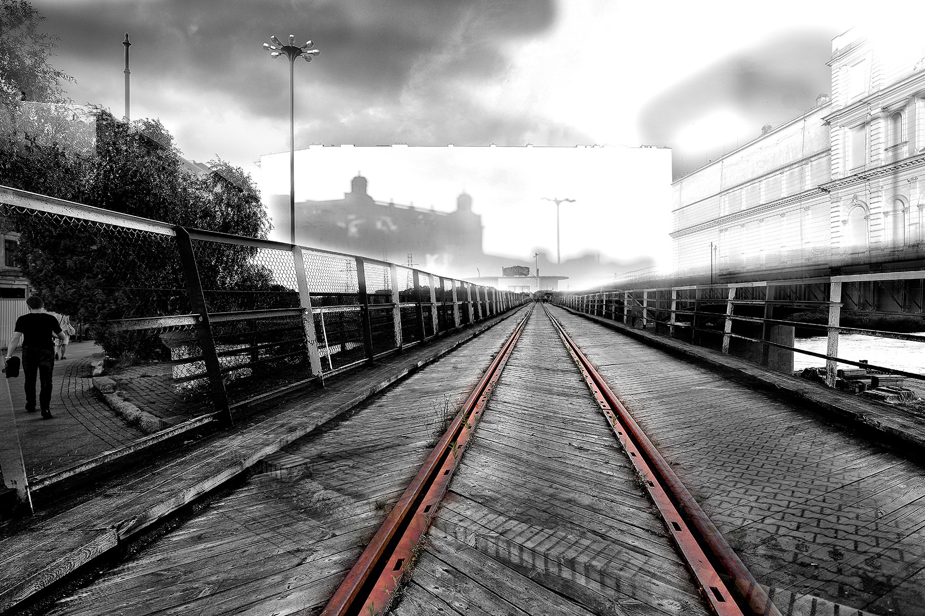 The bridge to Treblinka, Poland, superimposed on the site of the Great Synagogue of Lodz