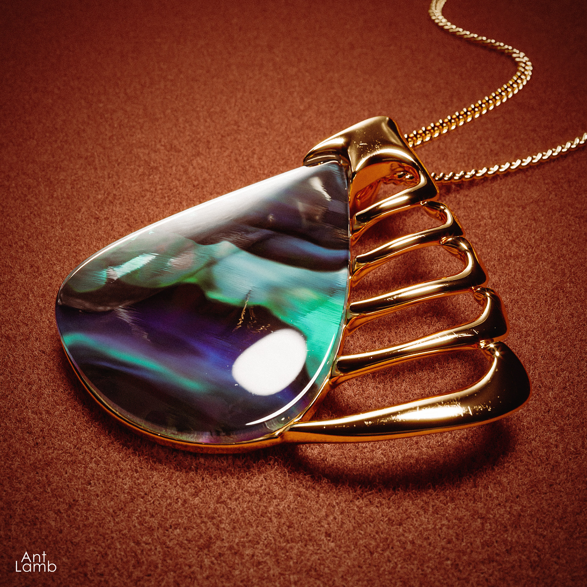 Paua shell necklace - front. Rendered in Blender