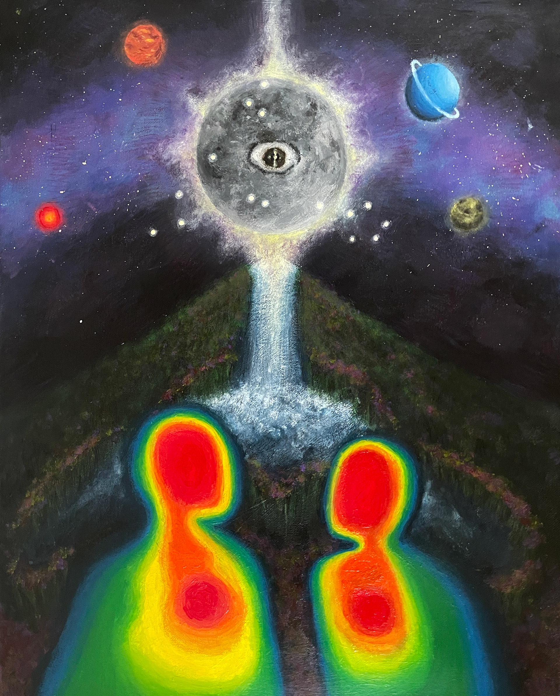 Us, night version; Acrylic paint, colored pencils on canvas; December, 2022  -  Focused on visualizing the feeling love and spiritual with numerous symbolism and imagery