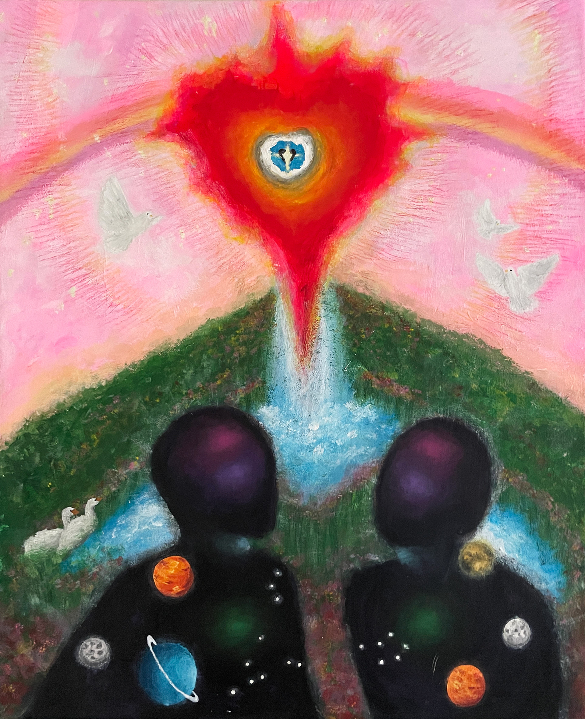 Us, day version; Acrylic paint, colored pencils on canvas; December, 2022  -  Focused on visualizing the feeling love and spiritual with numerous symbolism and imagery