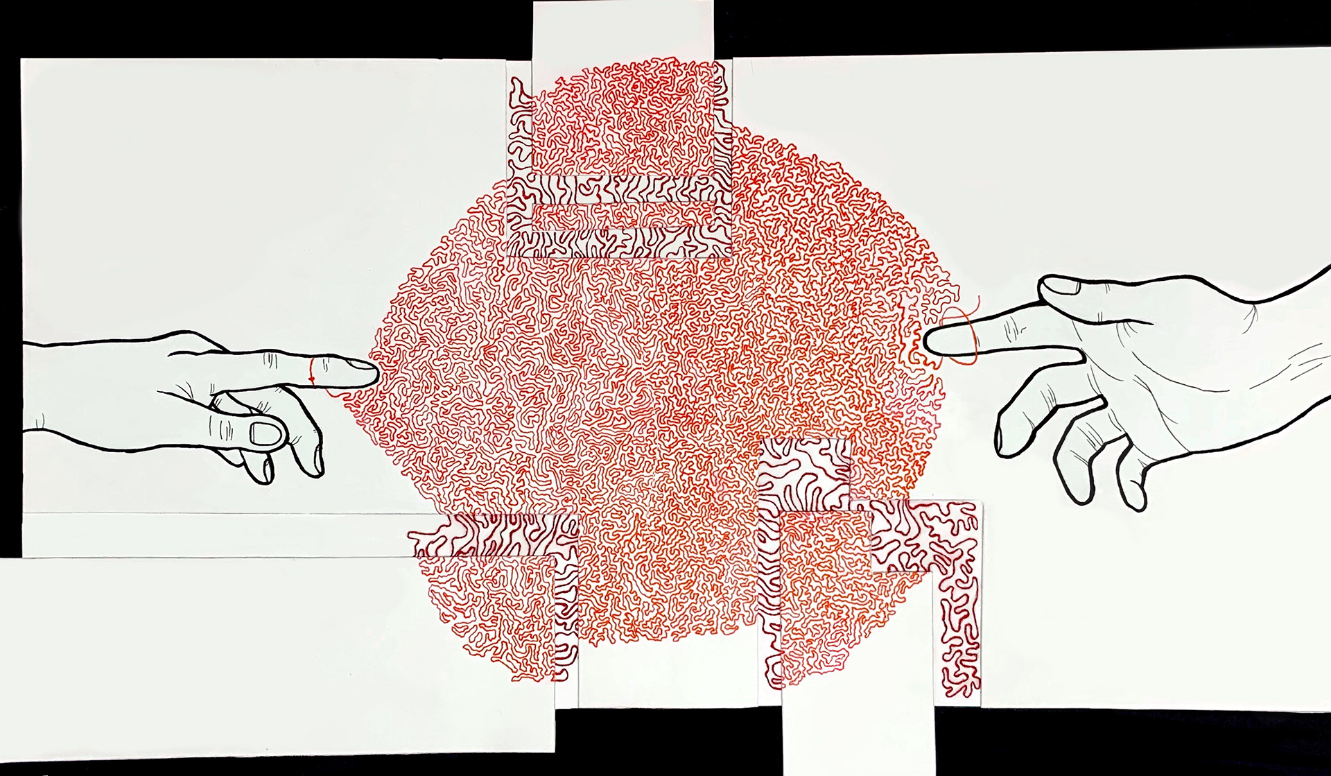 The Invisible Red String; pen, thread; December, 2020