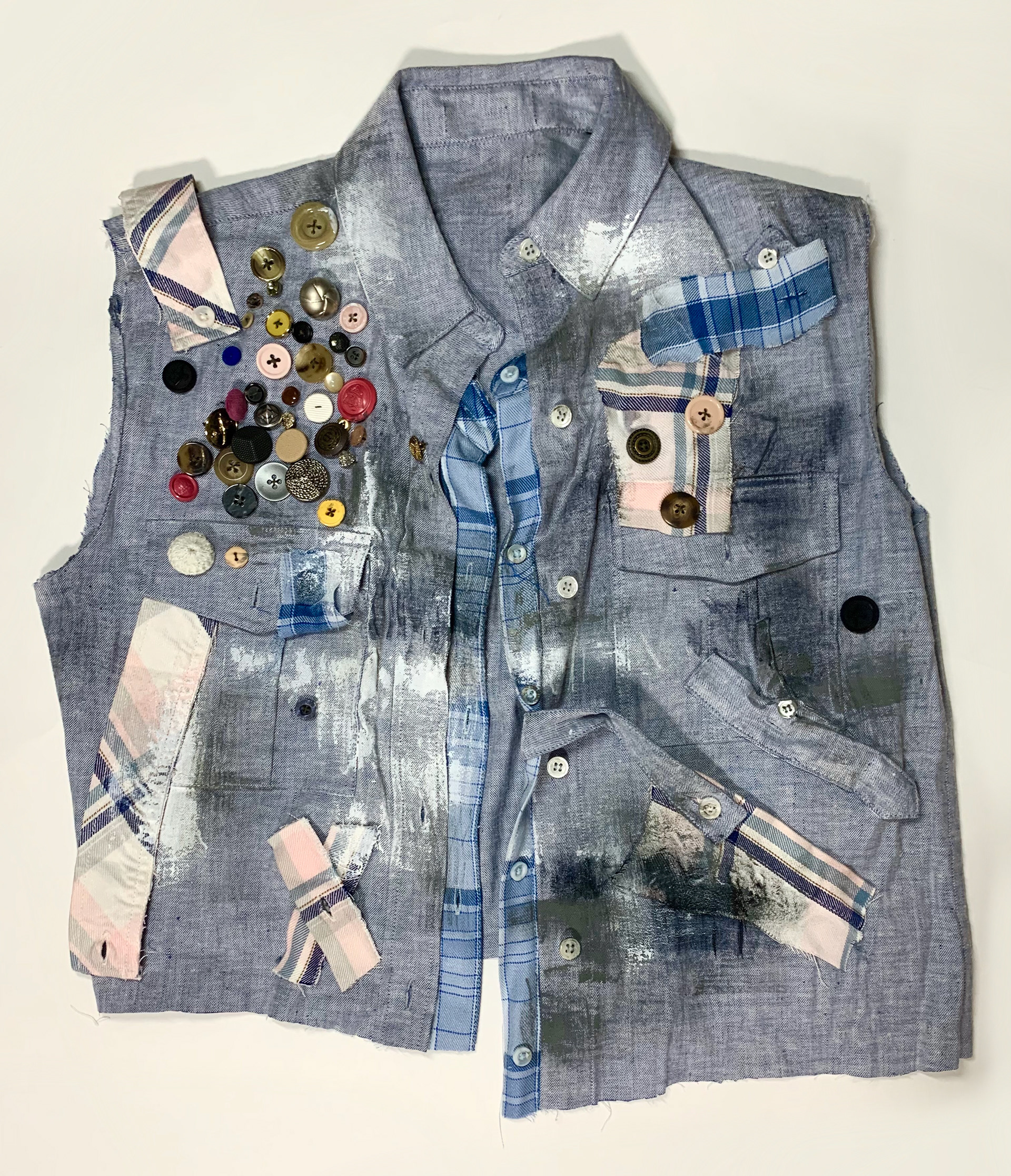 Let's Button Up; Acrylic paint, buttons, fabric, shirt; February, 2021