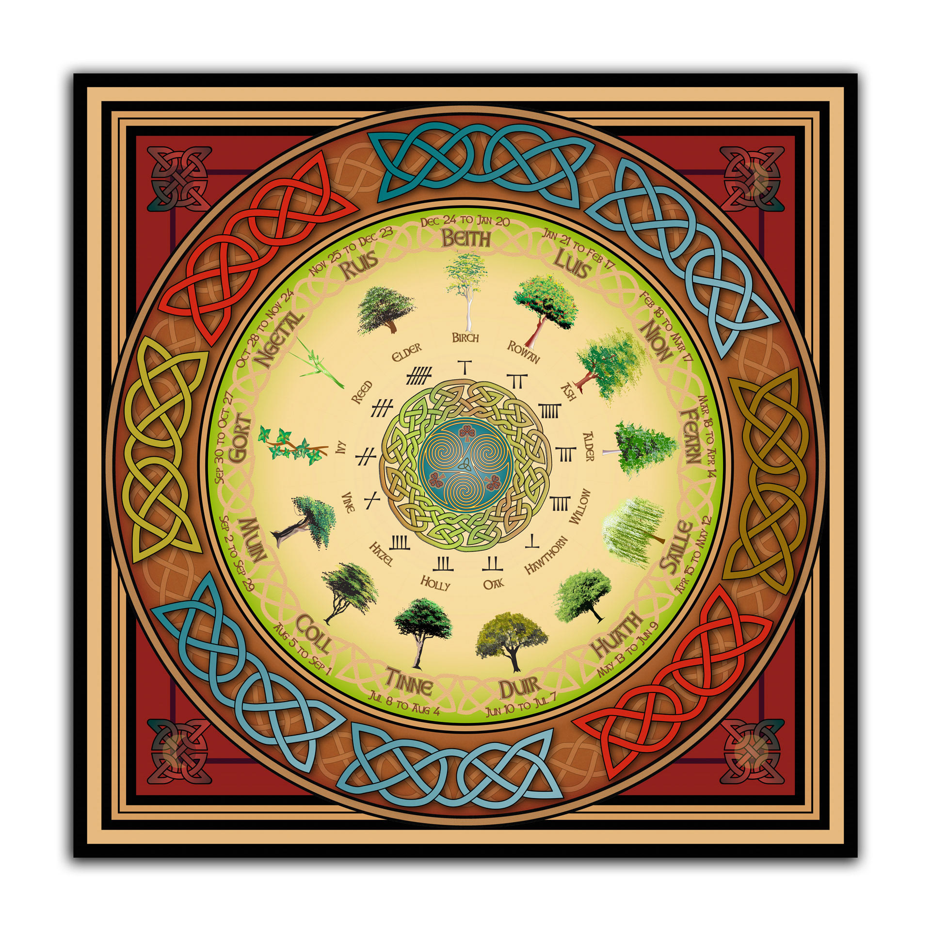 The Ogham Tree Calendar: A detailed design printed on canvas