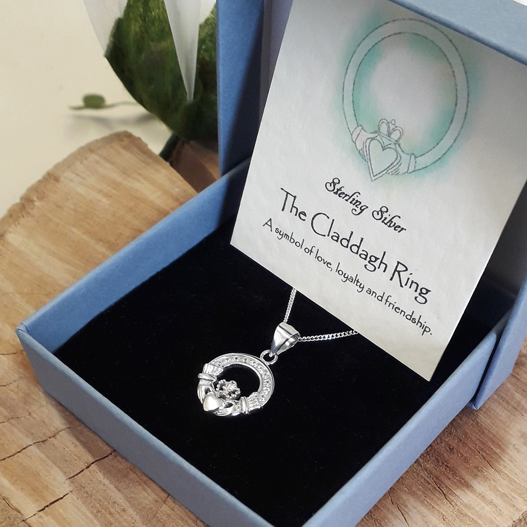 Gift box displaying Claddagh necklace