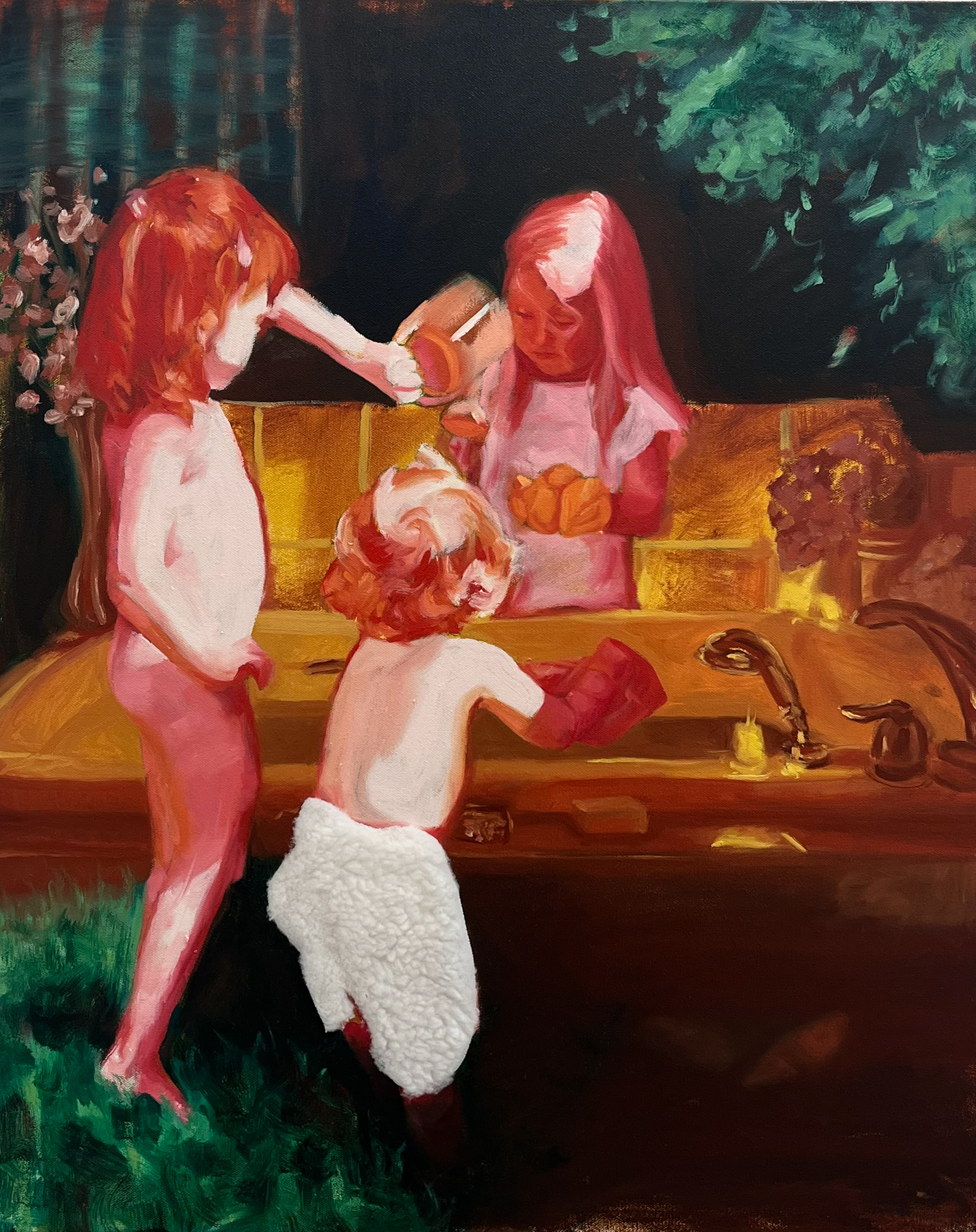 "Playing outside," 24 x 30 inches, Oil and fleece on canvas. 2024.