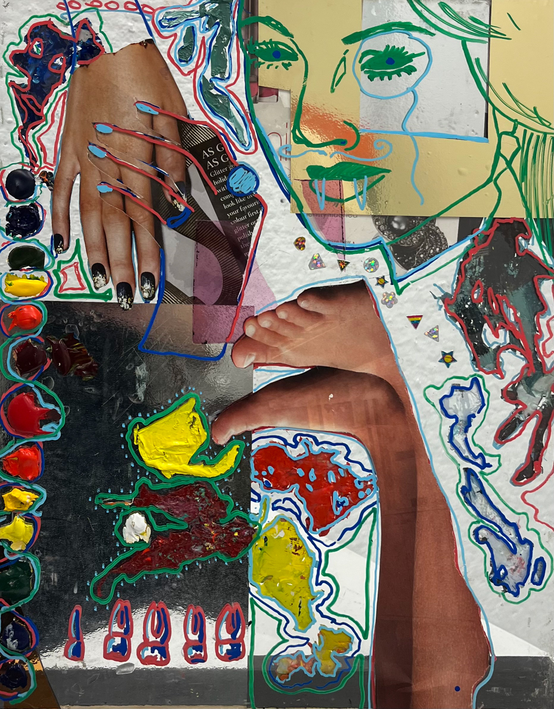 "Collage," 1/2, 12x15 inches. Madelaine Mae Dack. Mixed media on glass. 2023.