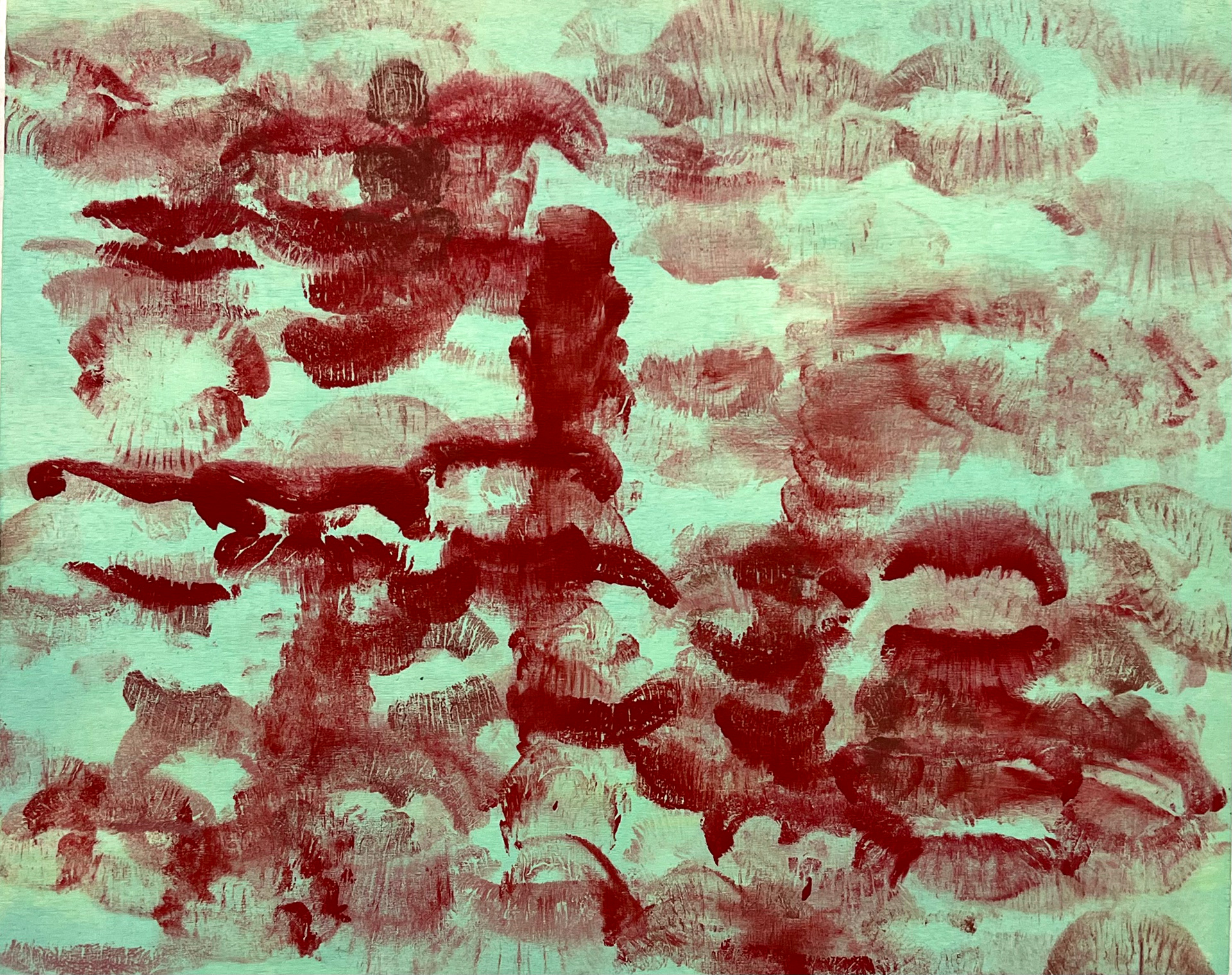 “27/01," 8x10 inches. Madelaine Mae Dack. Lipstick on stained wood. 2024.