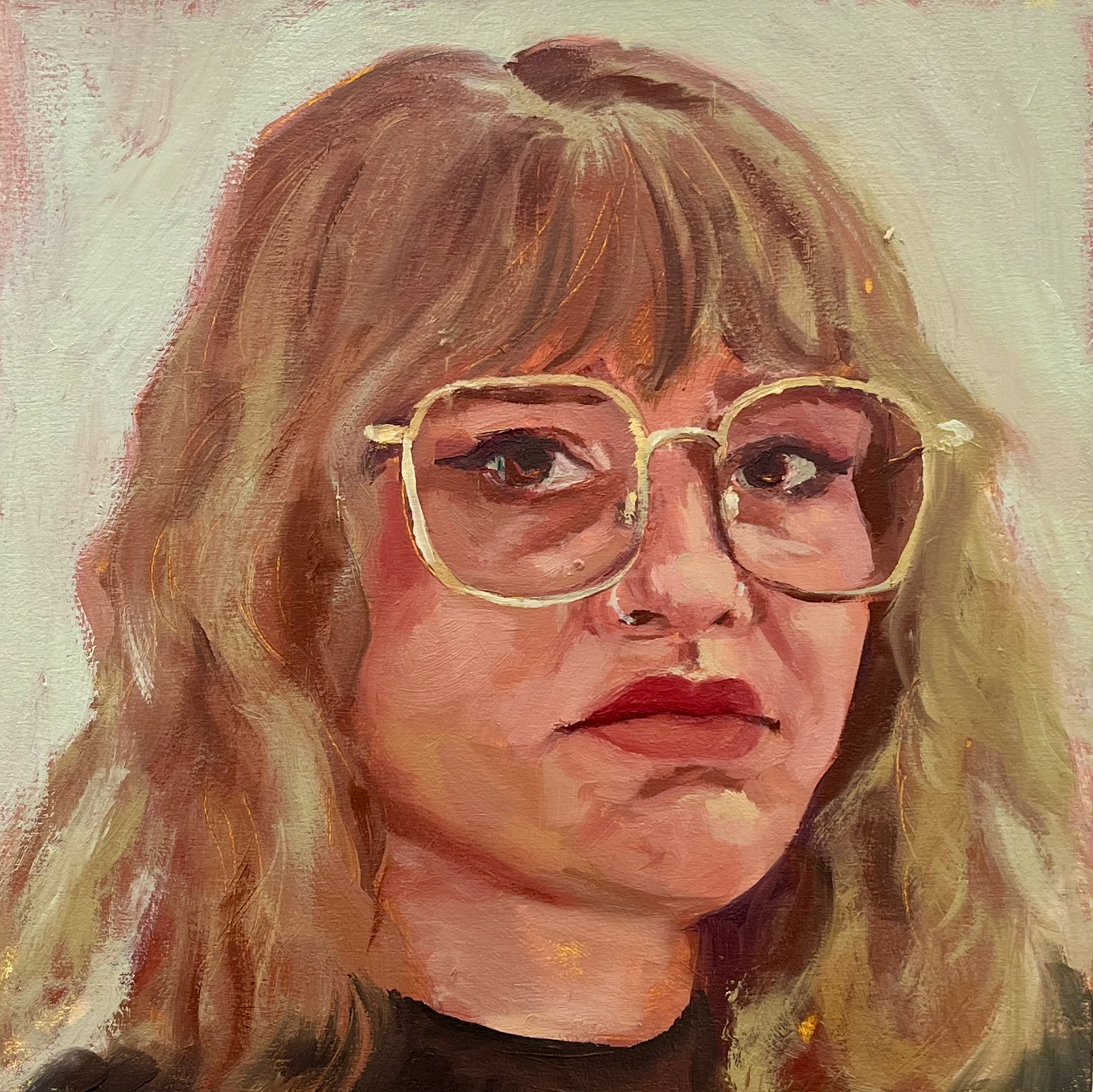 "Self Portrait," 8x8, oil on birch board. Madelaine Mae Dack. 2025.