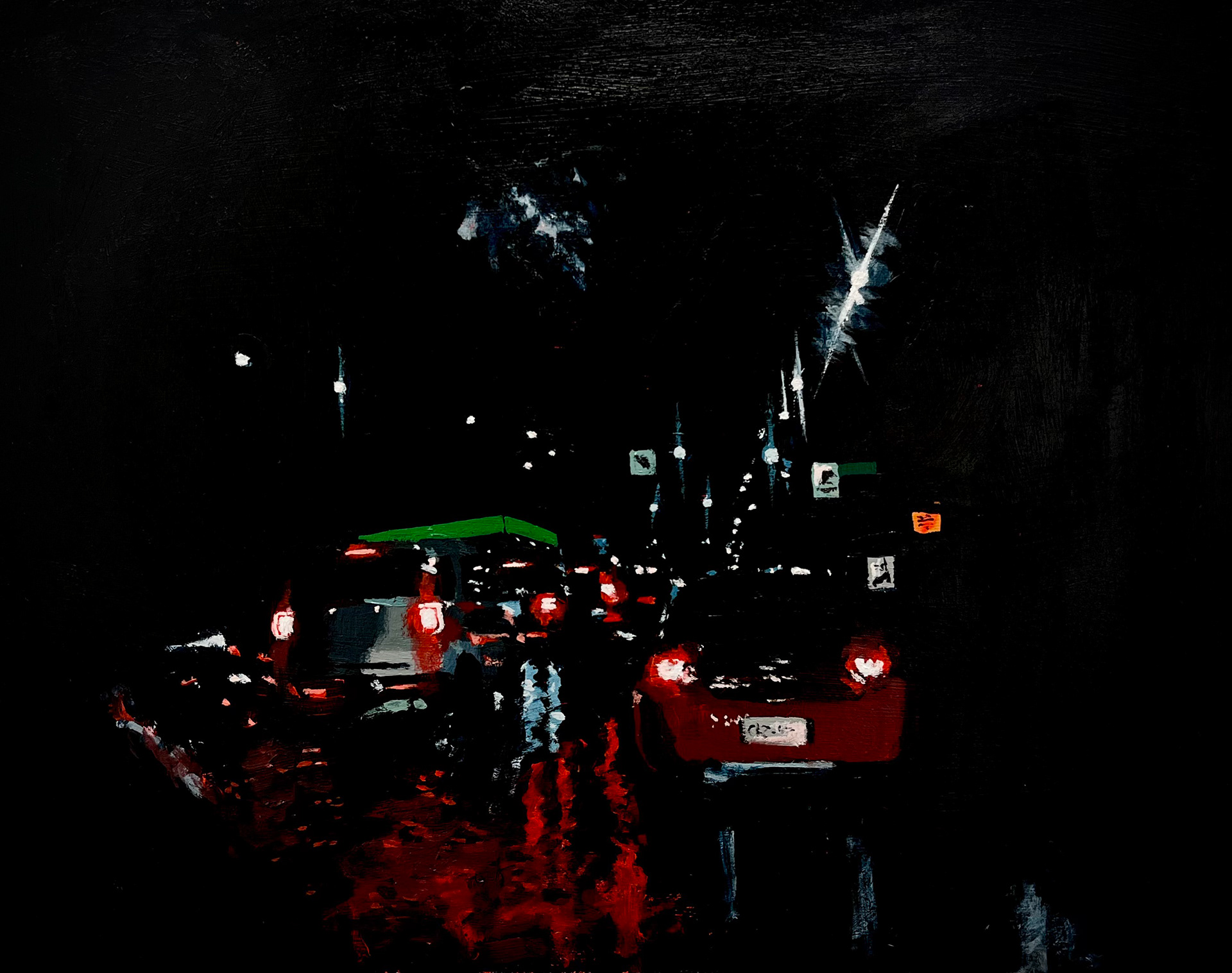 "Driving Home in a Storm," 12x15 inches. Madelaine Mae Dack. Acrylic on masonite. 2023.