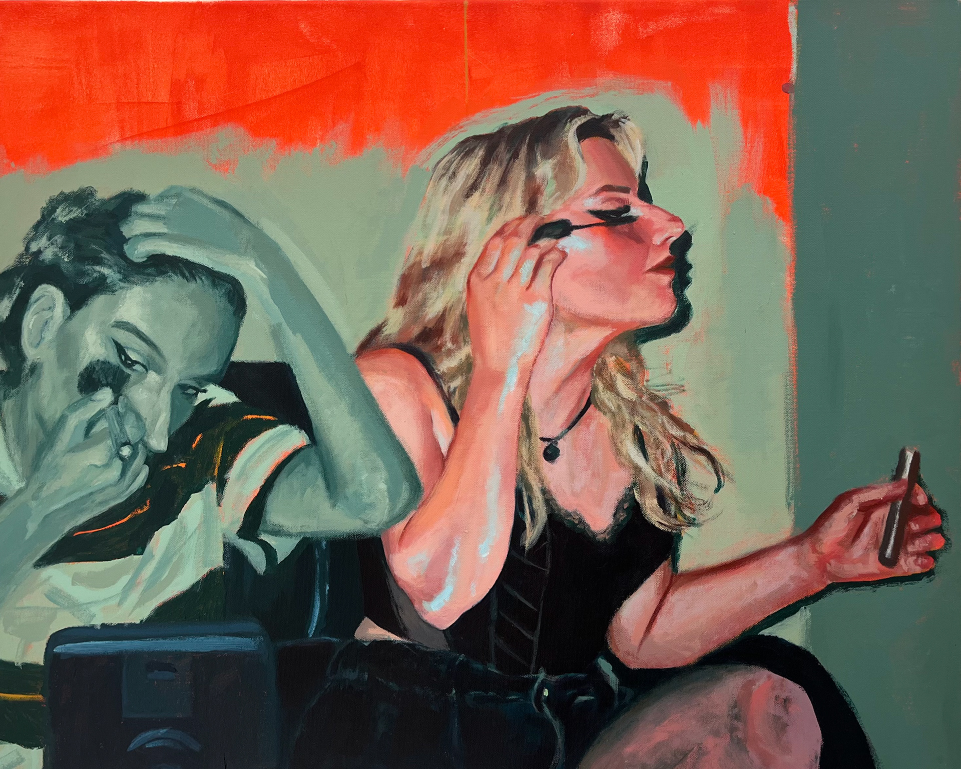 "Self Portrait with a Friend," 24x30 inches. Madelaine Mae Dack. Acrylic on canvas. 2023.