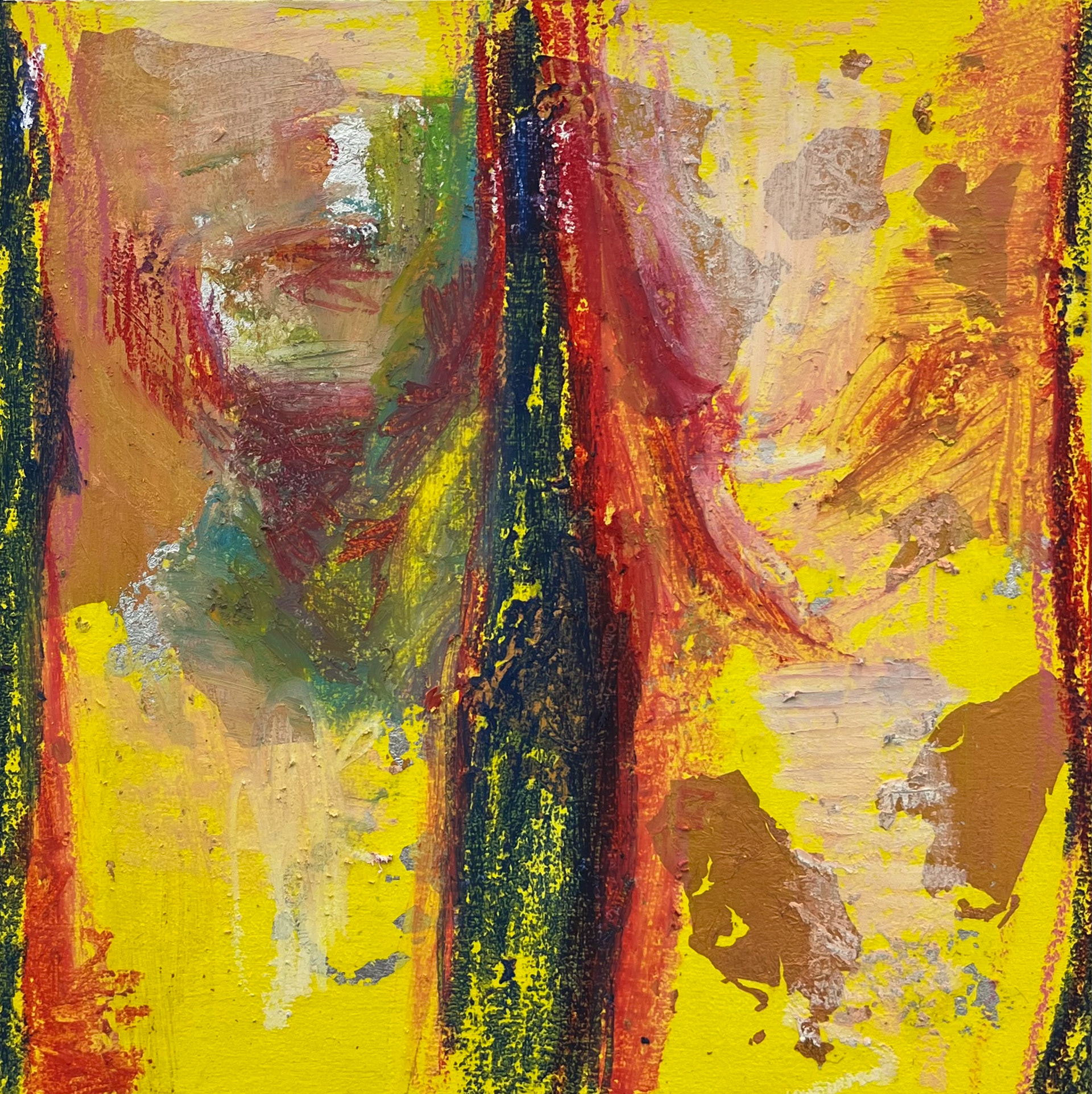 "I slipped on ice in the same spot on the same night two weeks in a row and now I have a big bruise," 8 x 8, oil pastel and metallic foil on birch. Madelaine Mae Dack. 2025.