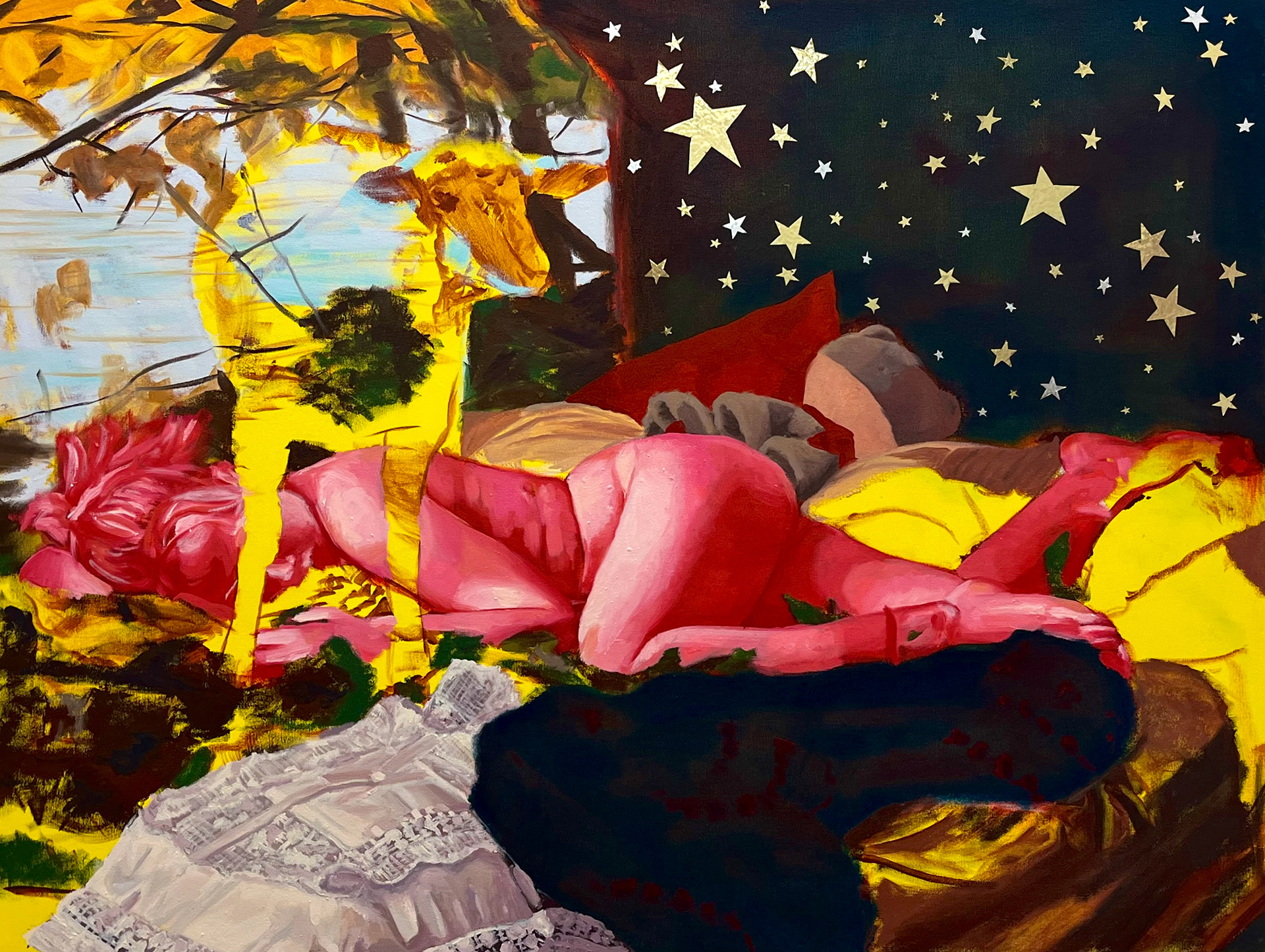 "Betwixt," 36 x 48 inches, Oil and foil on canvas. 2024.